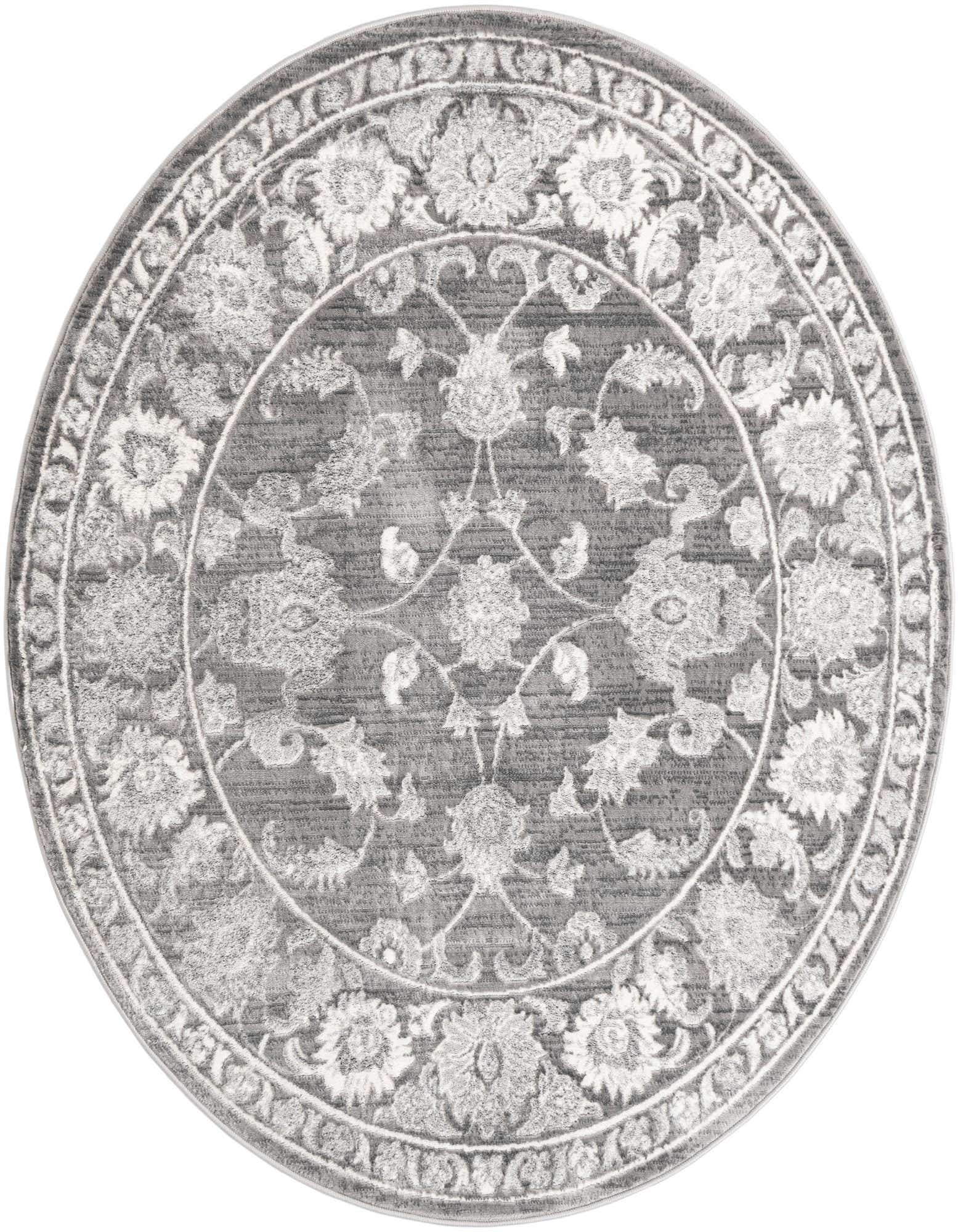 A 6' round gray area rug with an ornate floral medallion pattern and a decorative border.