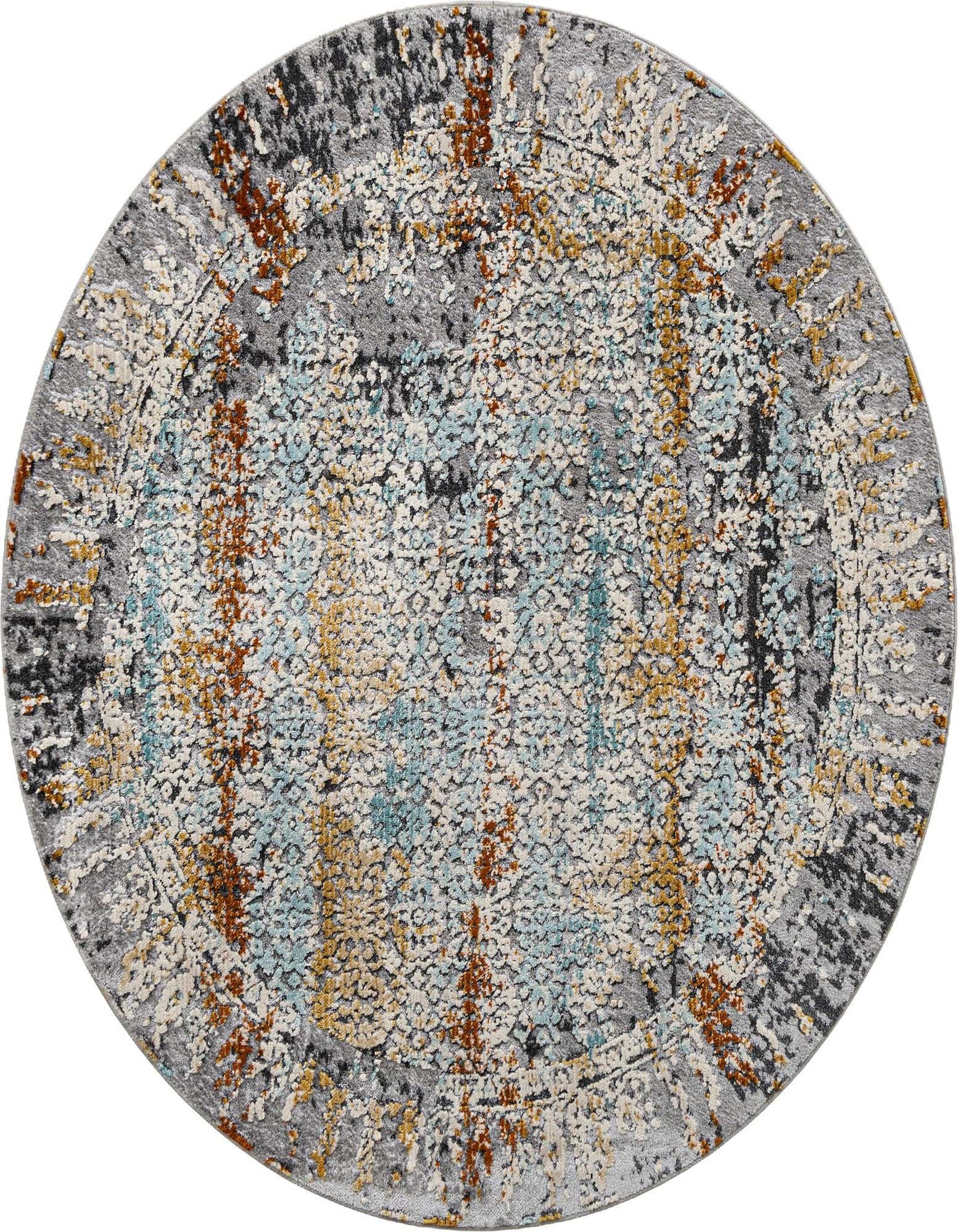 A 5' 0 x 5' 0 round gray area rug with a textured abstract pattern in shades of gray, silver, light blue, rust, and gold.