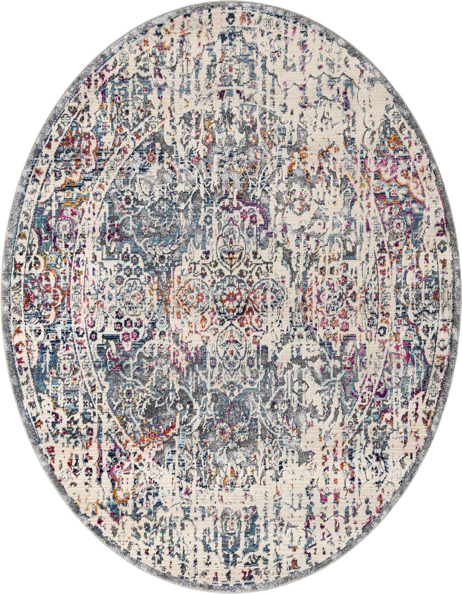 A 5' 0 x 5' 0 round Budapest rug featuring a distressed medallion pattern in grays, silvers, blues, and fuchsia on an off-white background.