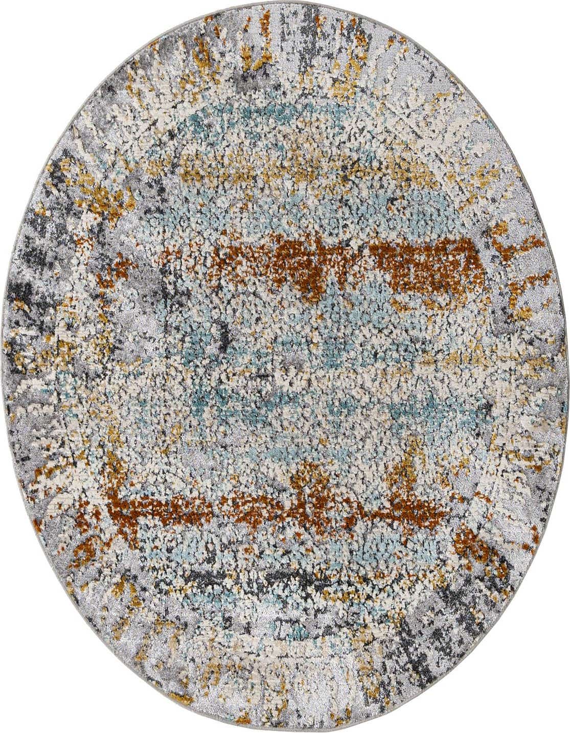 A round 3' 7 x 3' 7 gray bohemian rug with abstract patterns in teal, rust, and gold, featuring a textured pile.