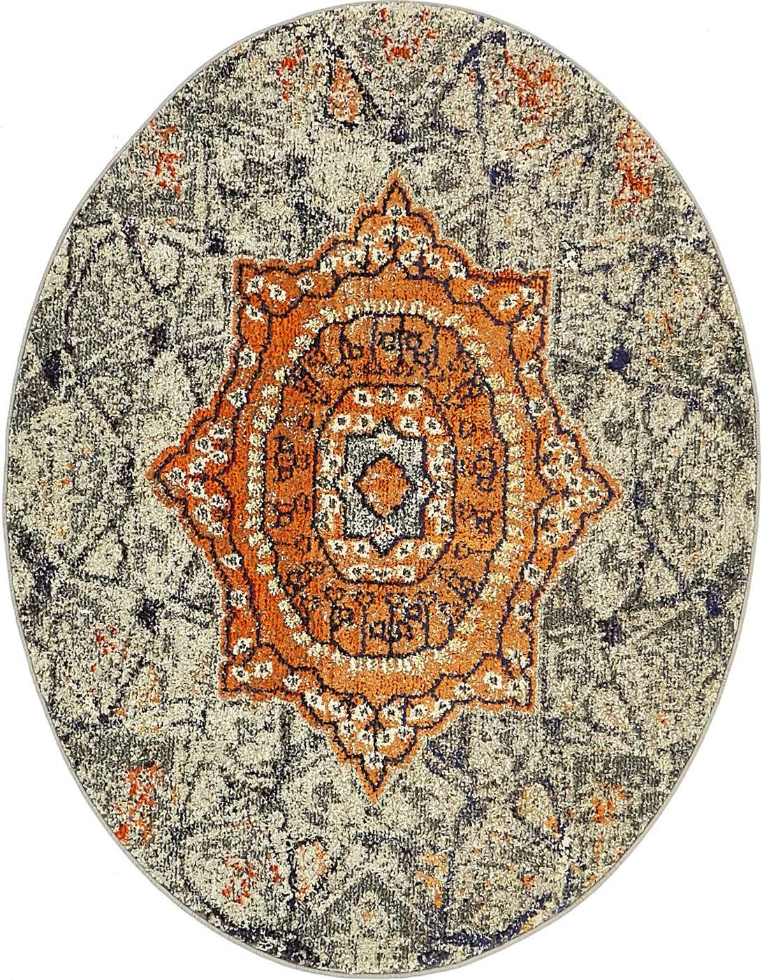 A 4' round gray rug with an orange medallion pattern, featuring distressed traditional and eclectic motifs.