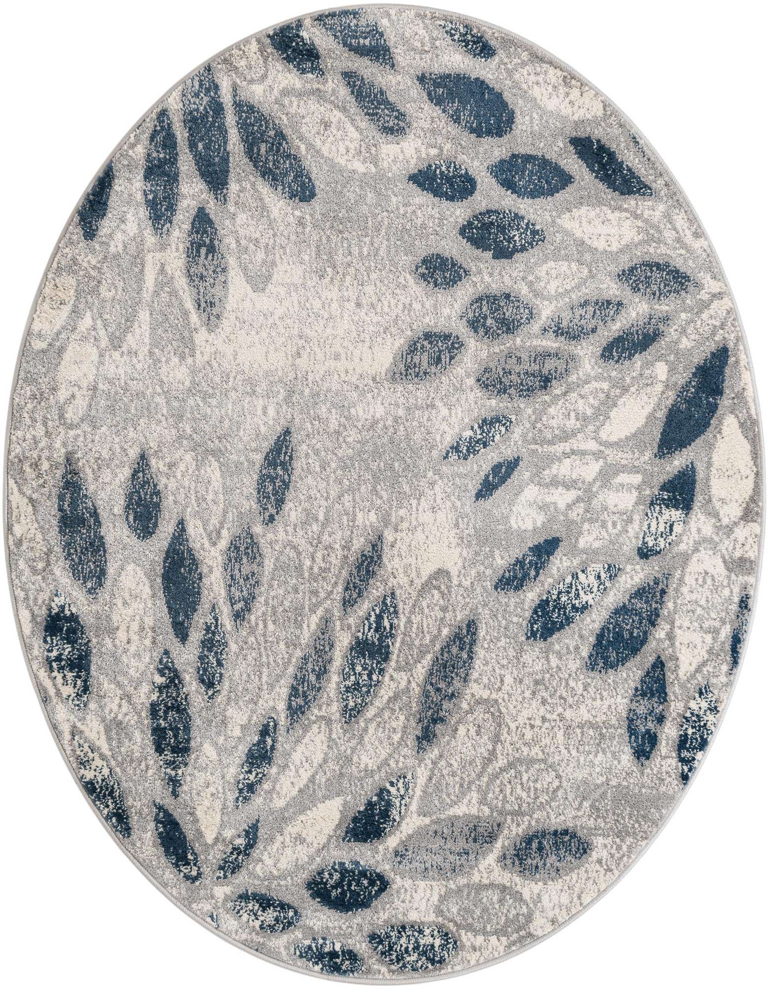 A 5' round gray and silver modern floral rug with scattered deep blue leaf patterns, suitable for indoor spaces.