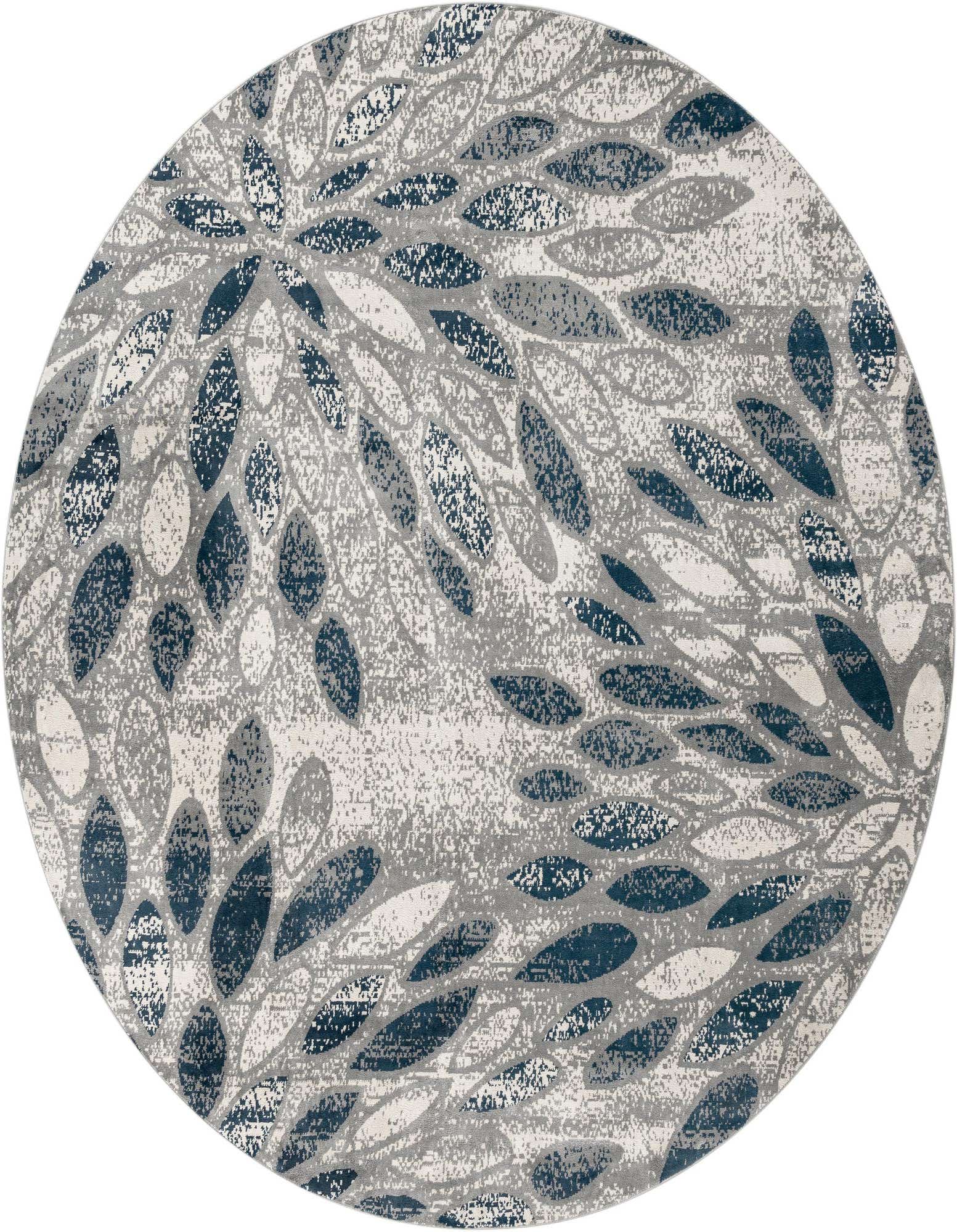 A large round Charleston rug from Rugs.com featuring a modern floral pattern in shades of gray and silver.