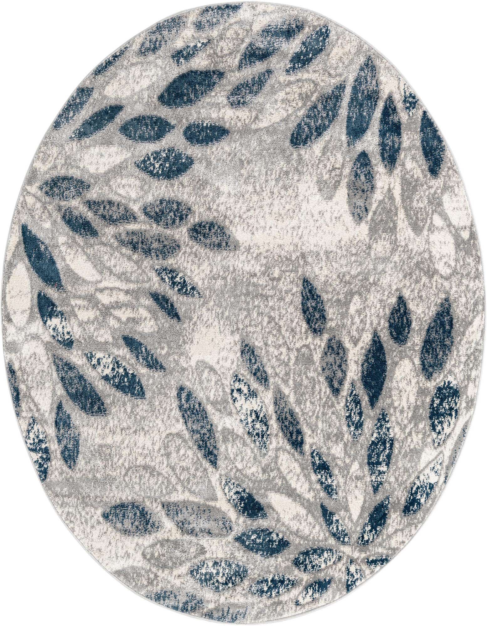 A 6' round gray rug with a modern floral pattern featuring abstract navy blue and light gray leaves.
