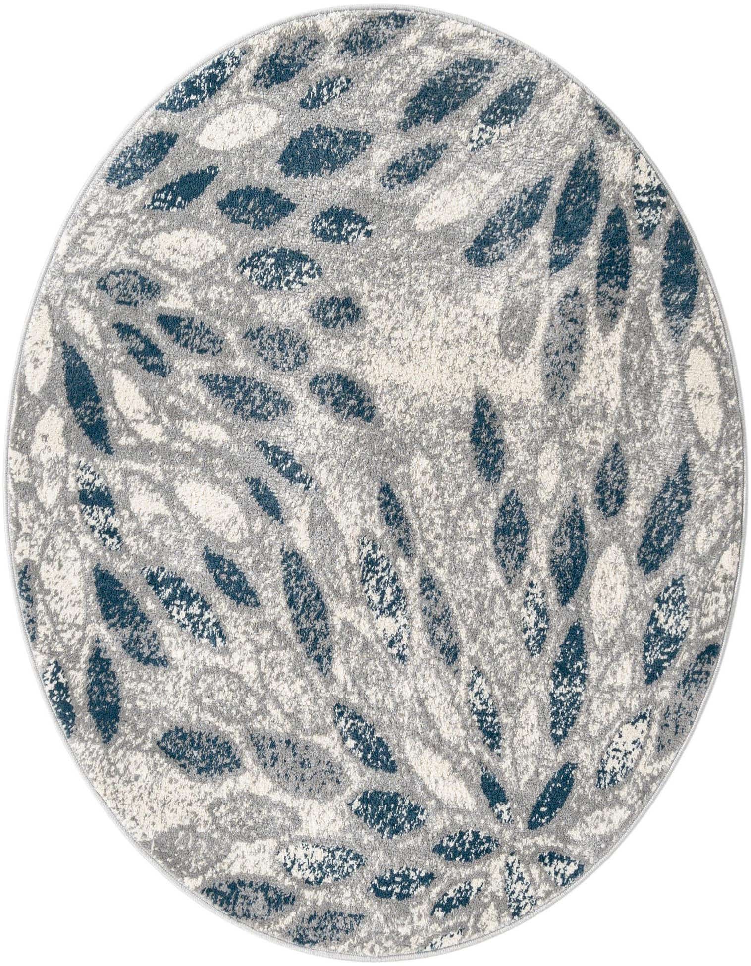 A 4' round gray rug with a modern floral pattern featuring abstract blue and white leaf shapes.