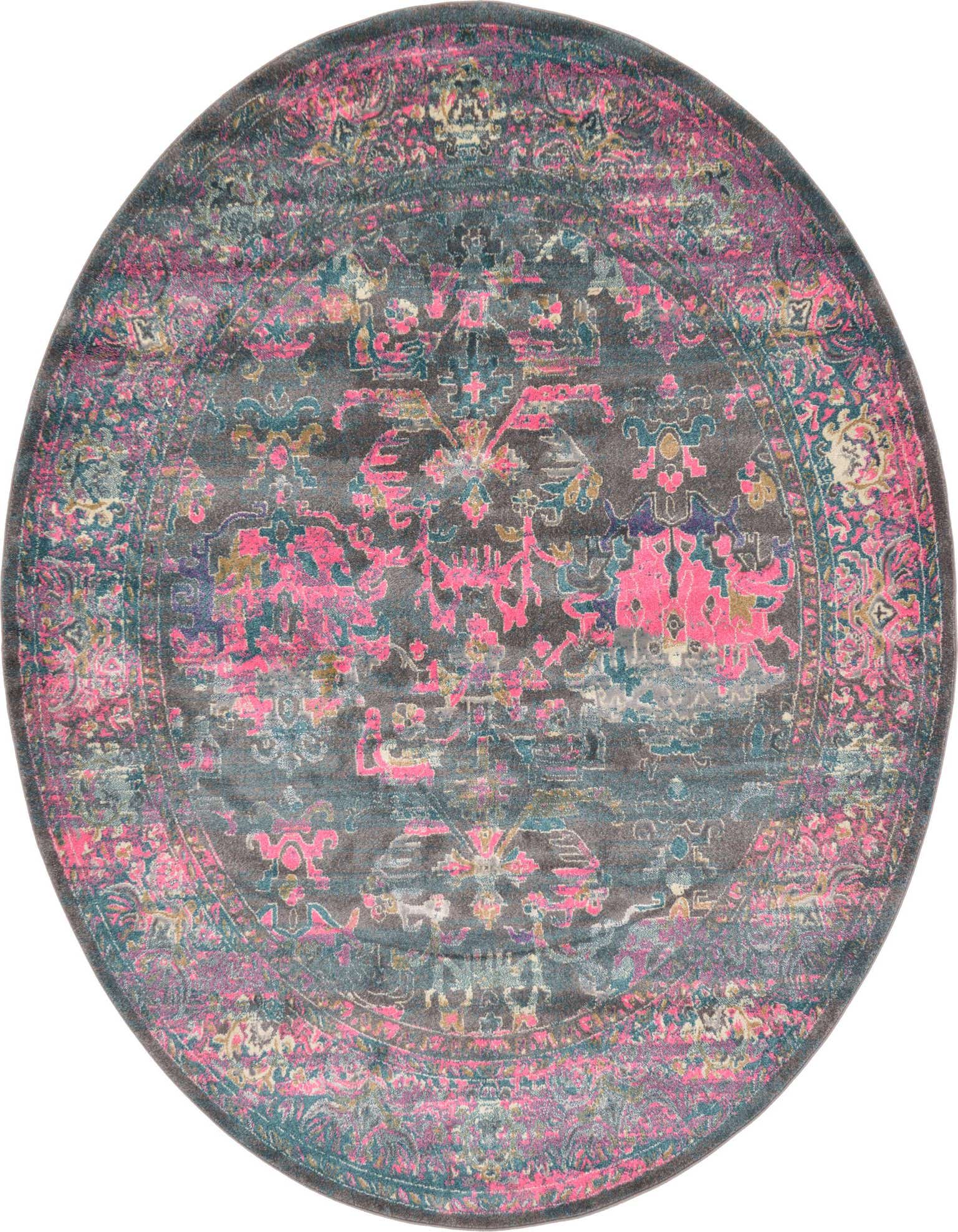 A round 8' gray rug with a vibrant distressed traditional pattern in fuchsia, teal, and gold.