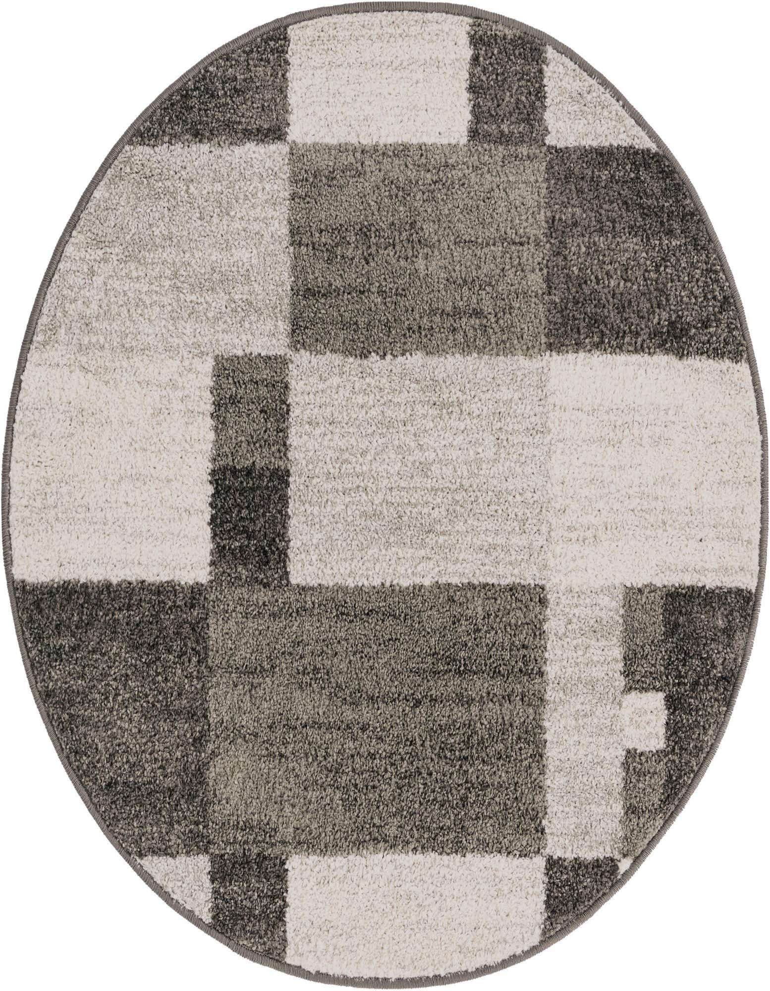 A 3' round gray modern rug with a geometric block pattern in varying shades of gray and silver.