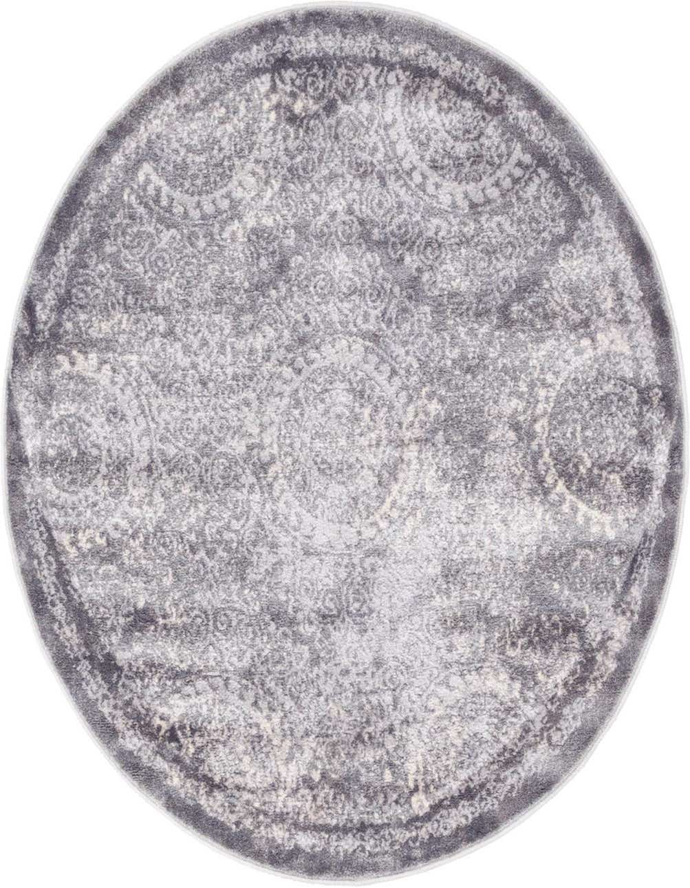 A 3' 3 x 3' 3 round gray area rug with a faded traditional medallion and trellis pattern.