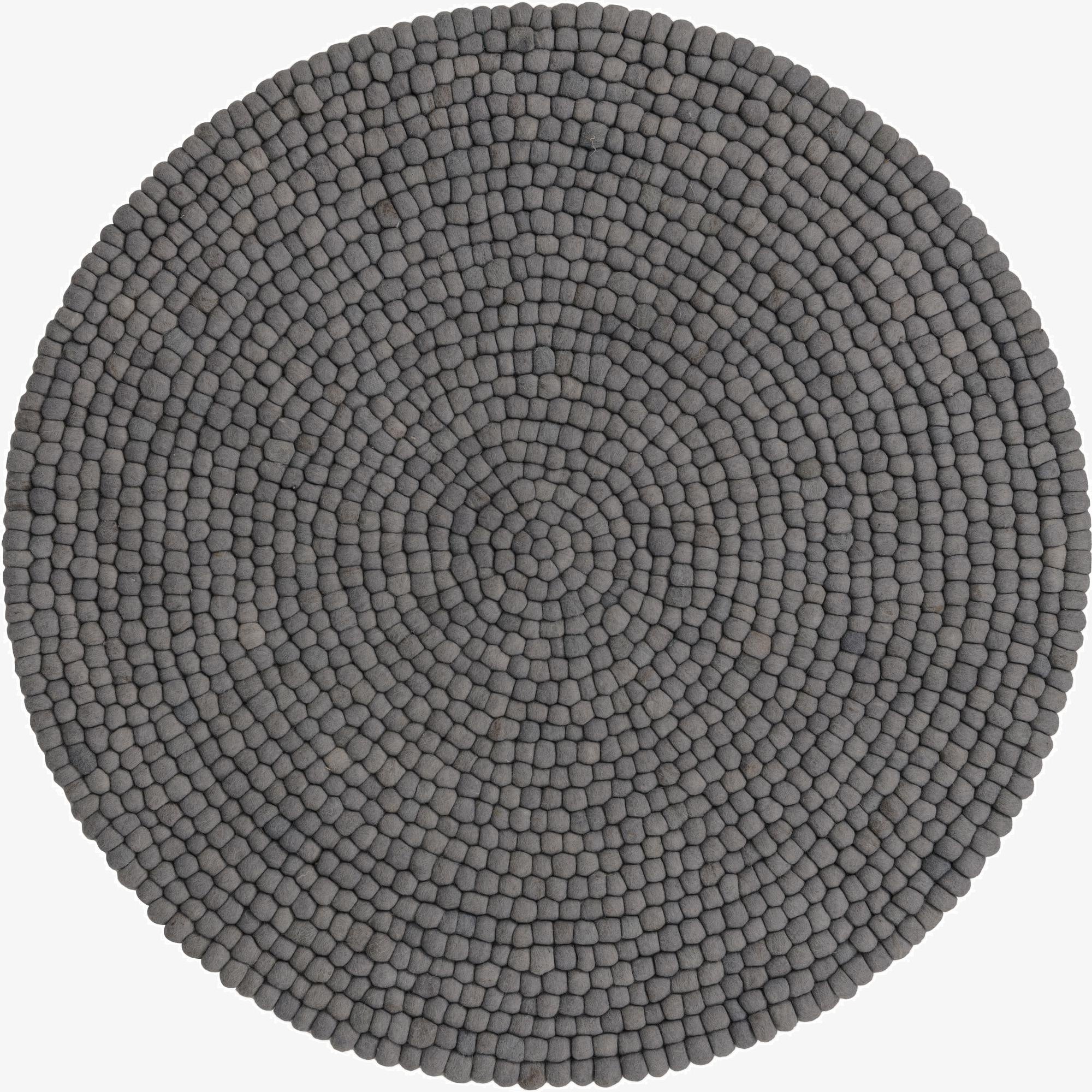A 5' round gray felt ball rug from the Rugs.com Felt Ball Collection, featuring a textured shag pile.