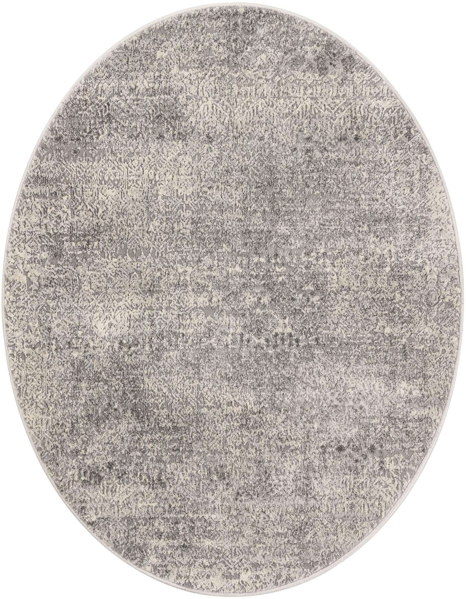 A 4' 1 round Finsbury rug from Rugs.com, featuring a distressed gray and silver Oriental pattern.