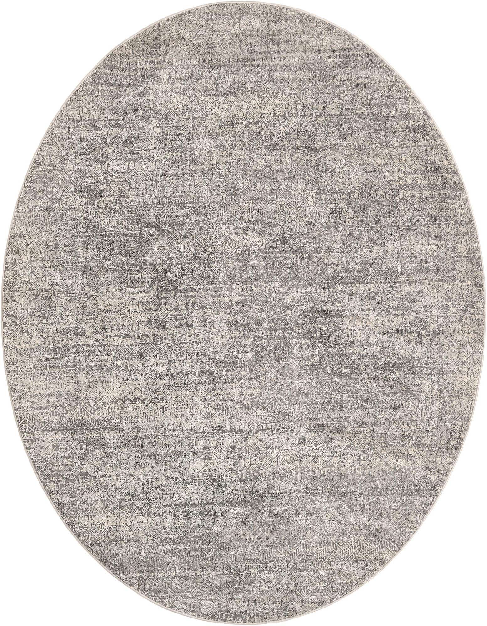 A 7' 10 round gray modern area rug with a subtle distressed pattern, perfect for an indoor living space.