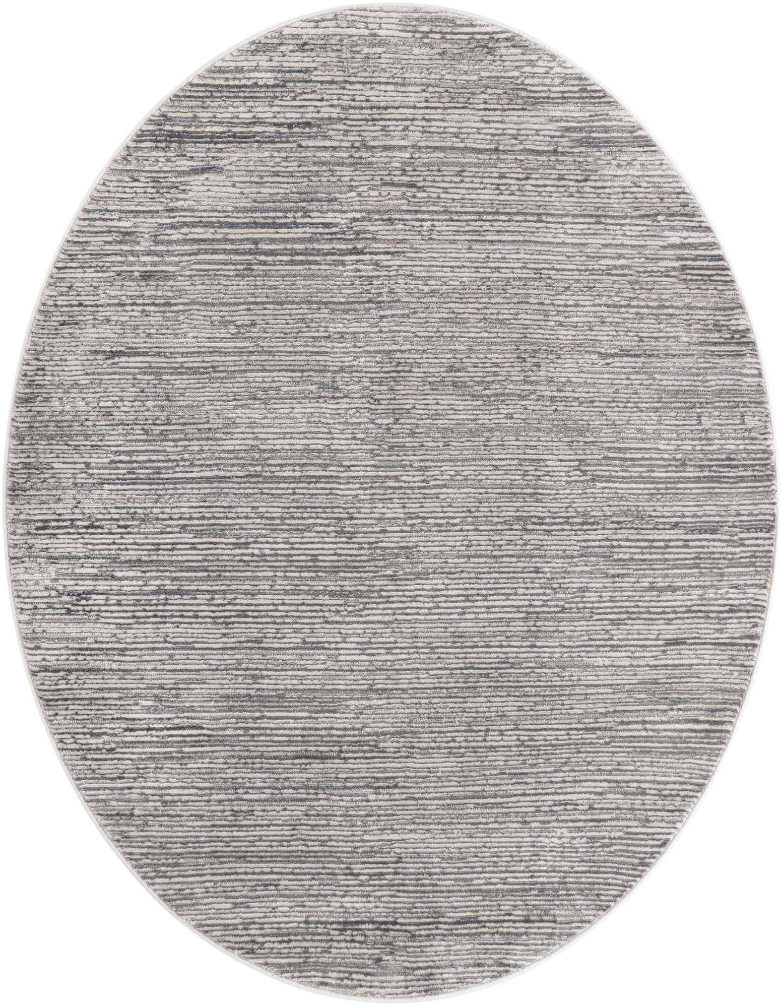 A 6-foot round gray area rug with a textured, horizontal striped pattern, ideal for a modern living space.