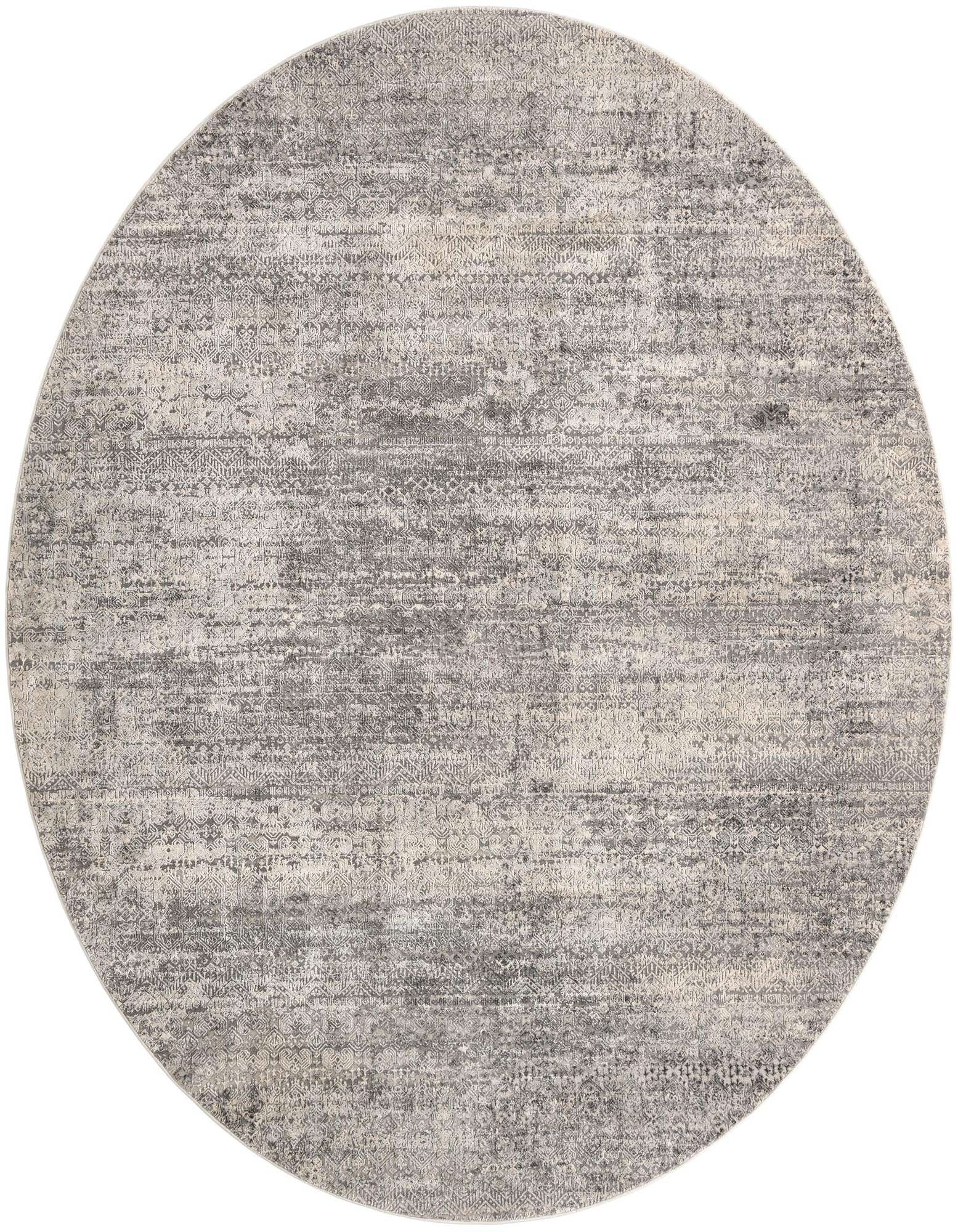 A 10-foot round gray and silver area rug with a distressed, abstract pattern, suitable for a living room or patio.