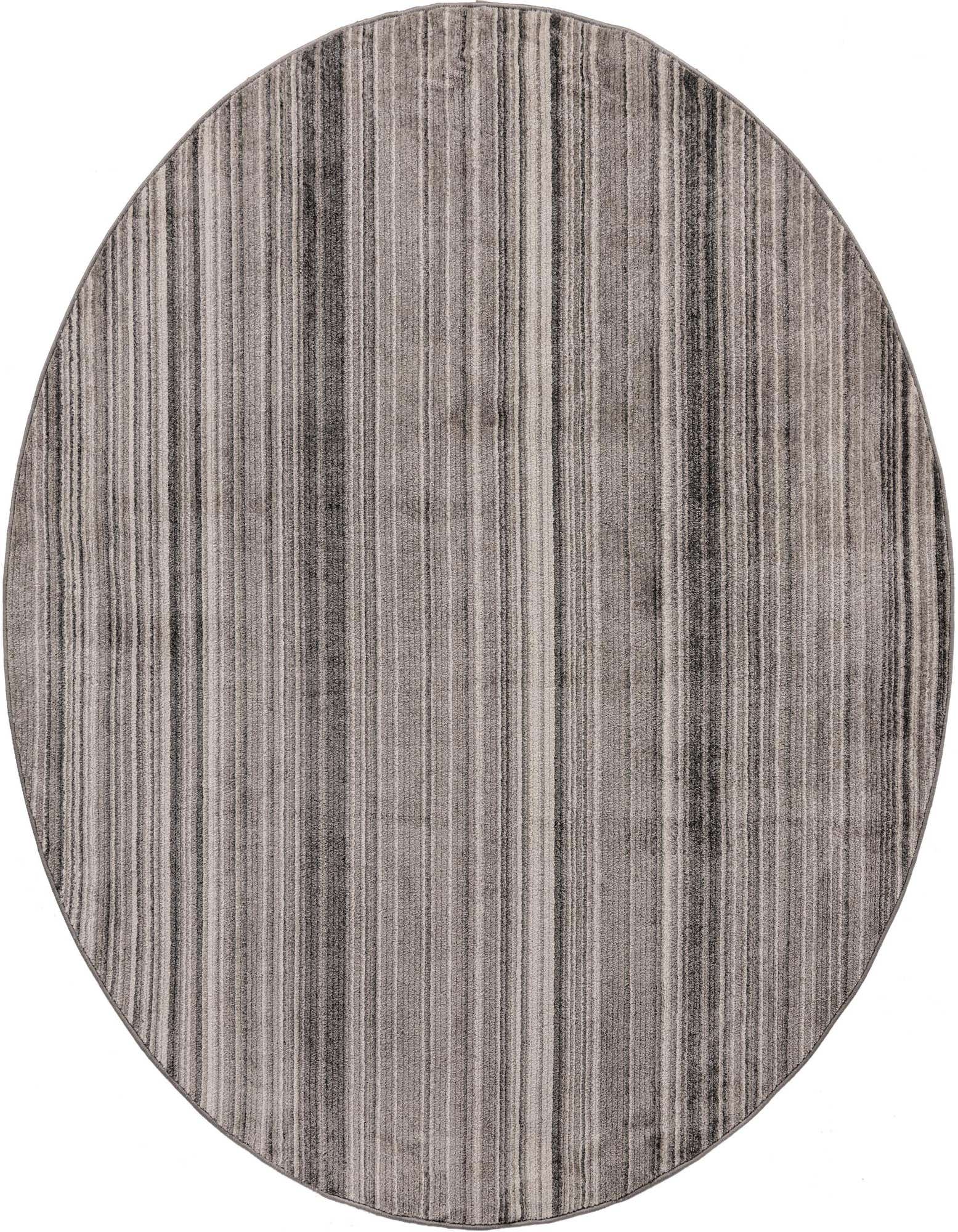 A 7' 3 x 7' 3 round gray area rug with a modern striped pattern, featuring varying shades of gray and silver.