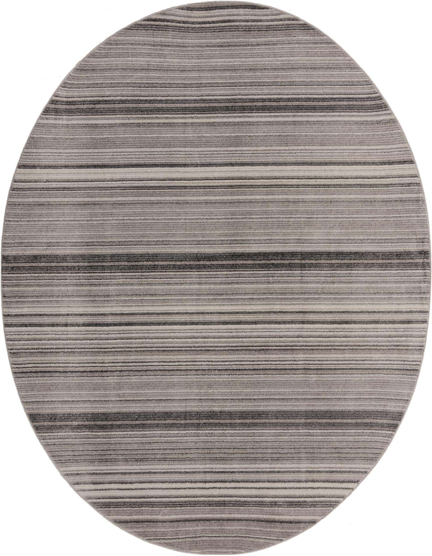 A large round gray area rug with subtle horizontal stripes in varying shades of gray, showcasing its modern textured pile.