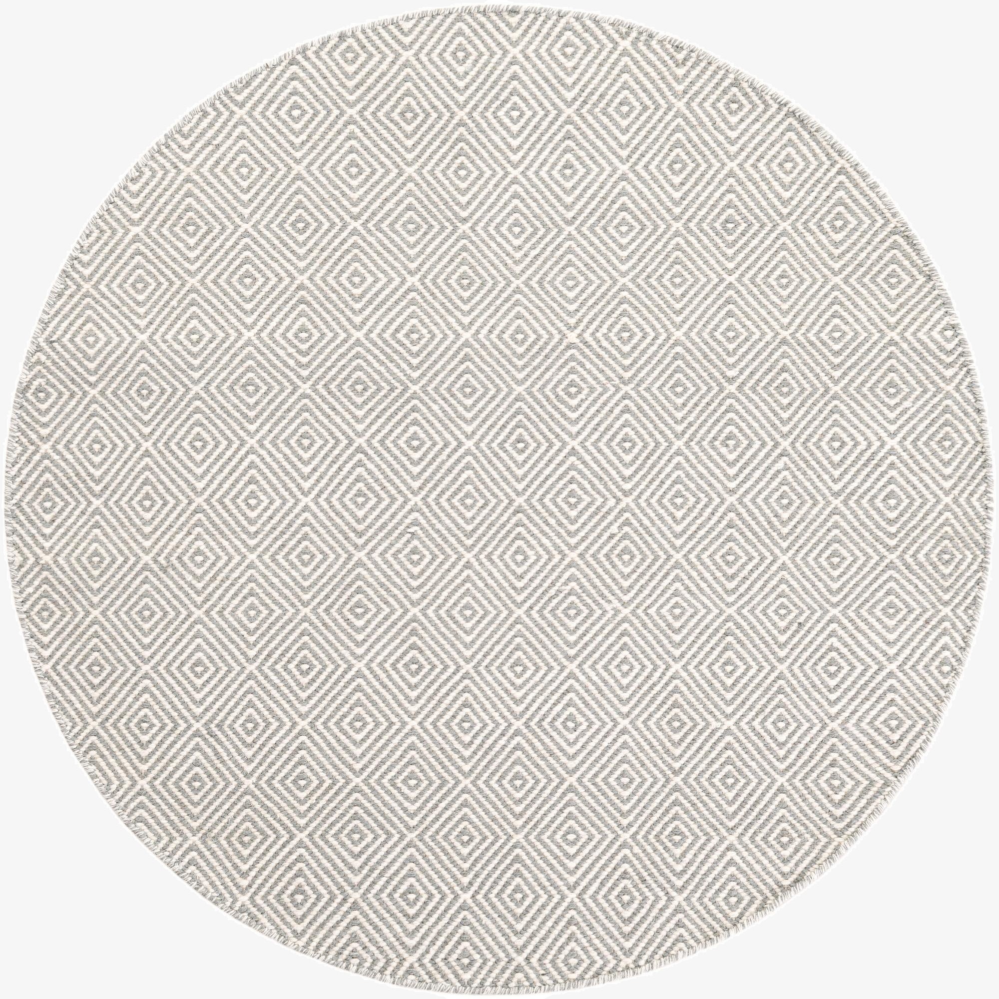 A 4' 1 round gray and silver flatweave rug with a modern trellis pattern, suitable for indoor spaces.