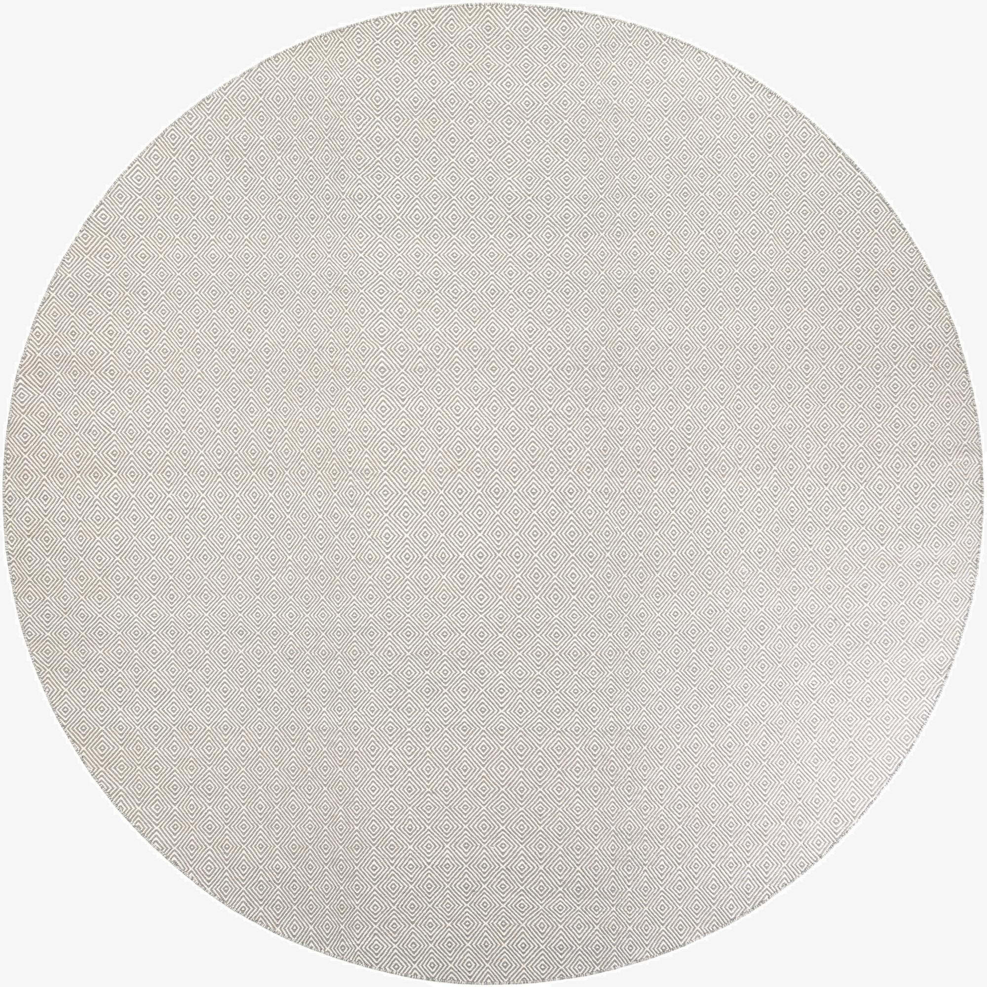 A 12' round gray flatweave rug with a subtle modern trellis pattern, made from wool and cotton.