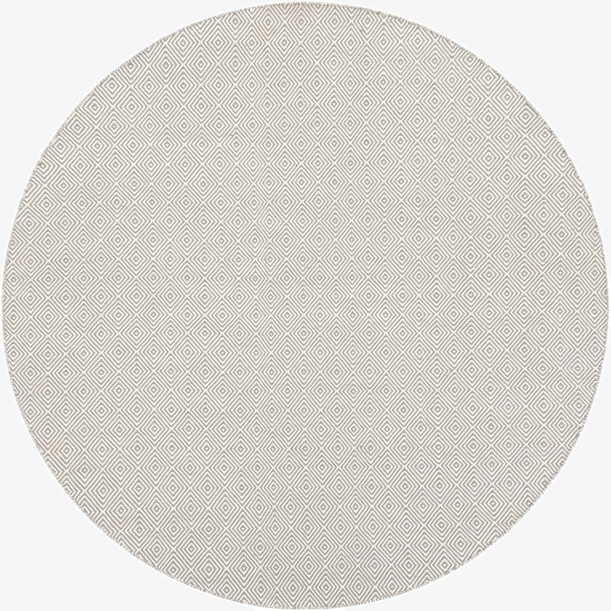 A 7' 10 round gray and silver flatweave rug with a modern trellis diamond pattern, ideal for an indoor living space.