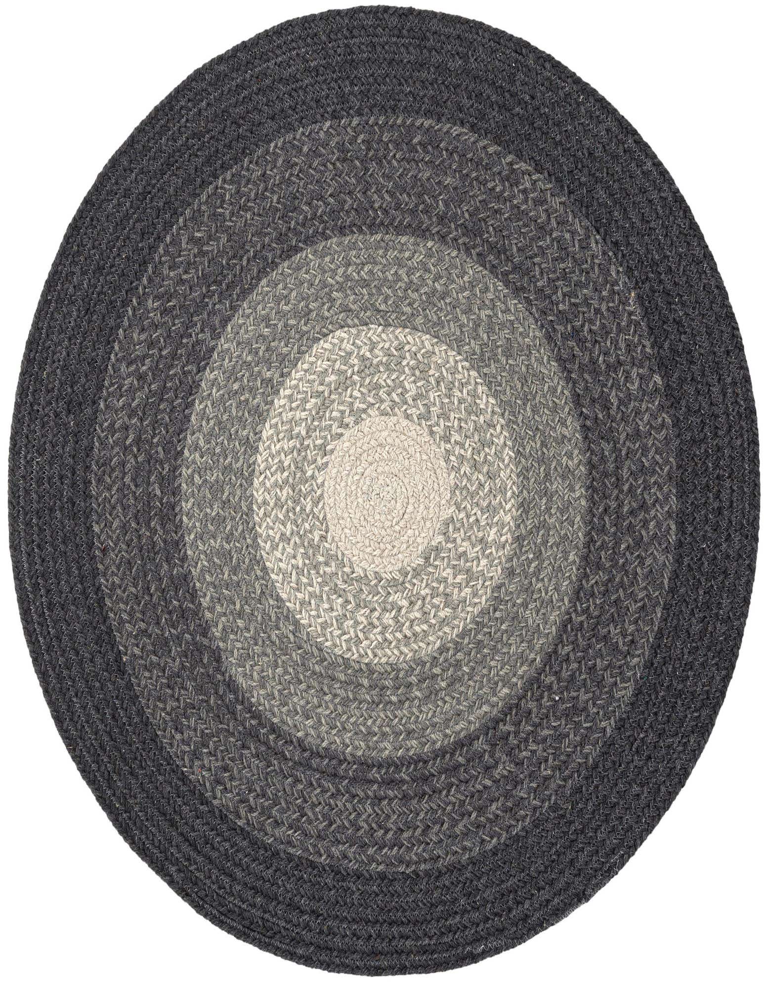 Round hand-braided wool rug with a gradient pattern, transitioning from light gray in the center to dark gray at the edges.