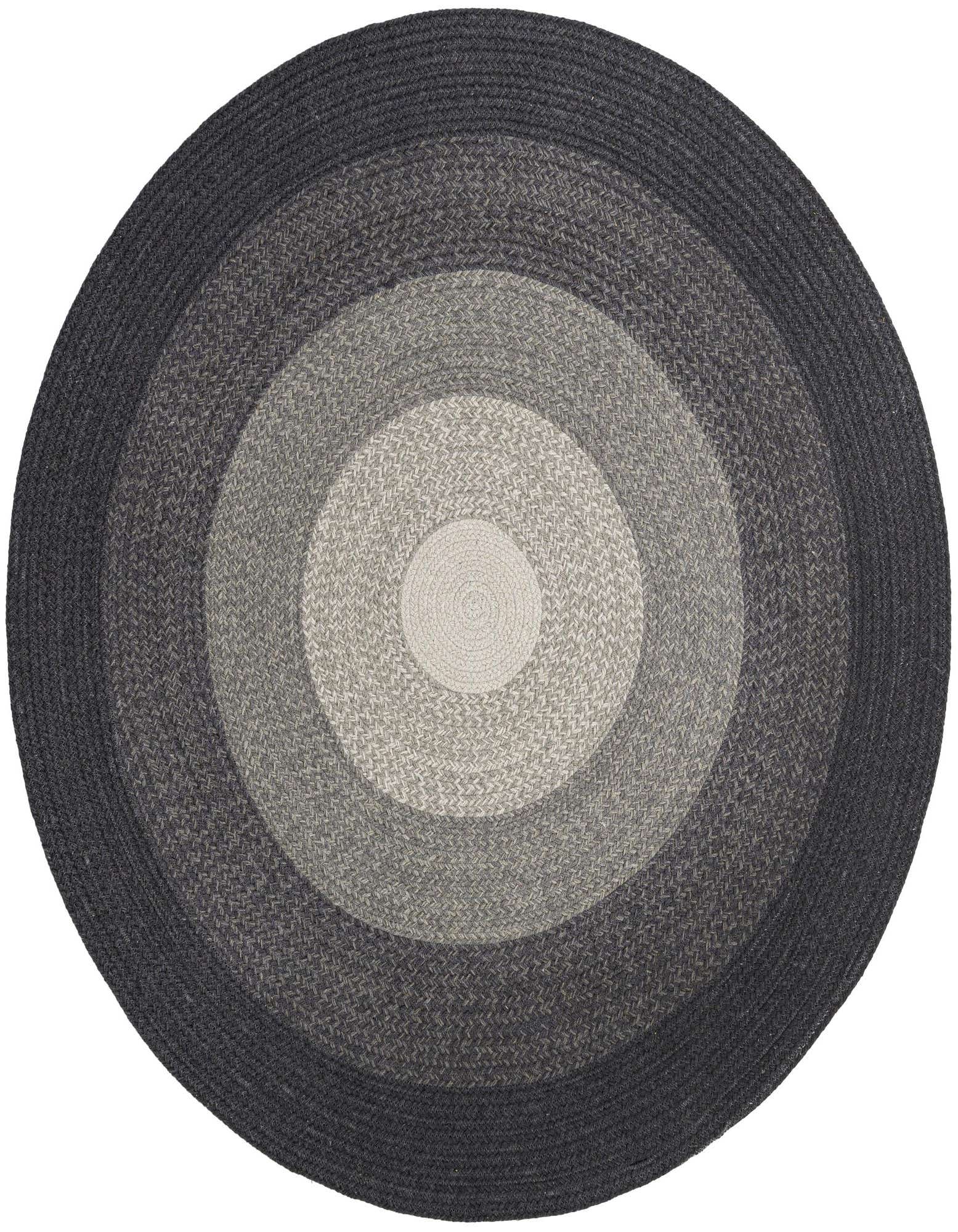 A 5' 1 round gray braided wool rug with a modern ombre design, transitioning from dark gray to light gray at the center.