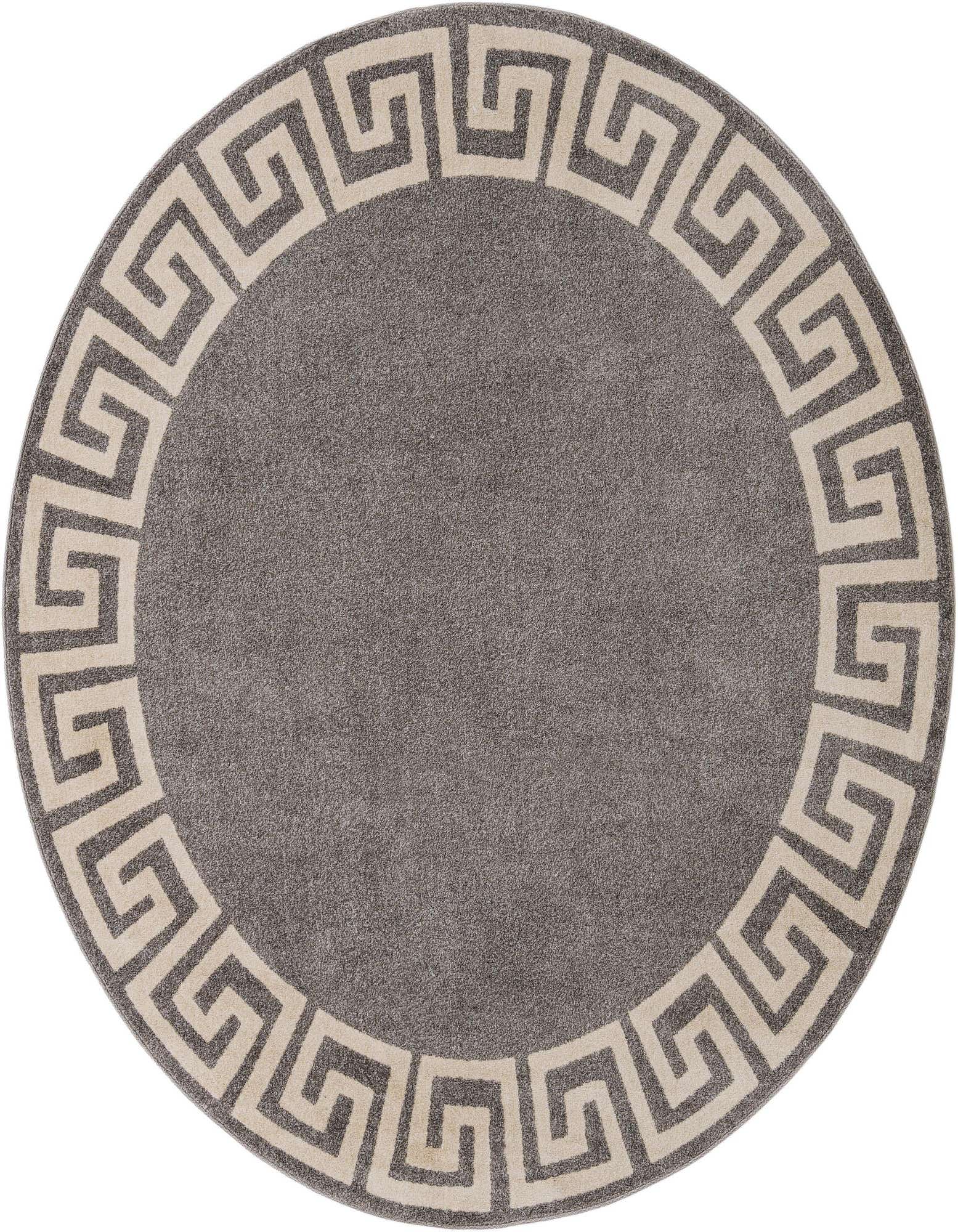 A 7' 10 round gray area rug with a cream Greek key border, suitable for modern indoor spaces.