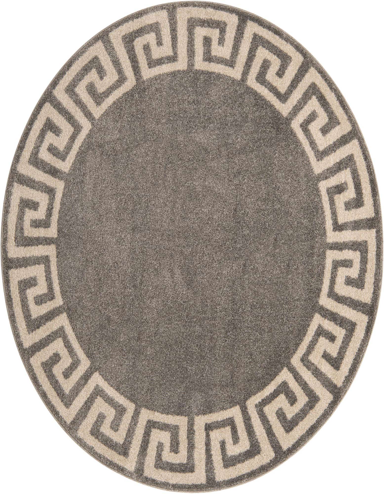 A 6' 0 x 6' 0 round gray area rug with a light beige Greek key border pattern, suitable for indoor spaces.