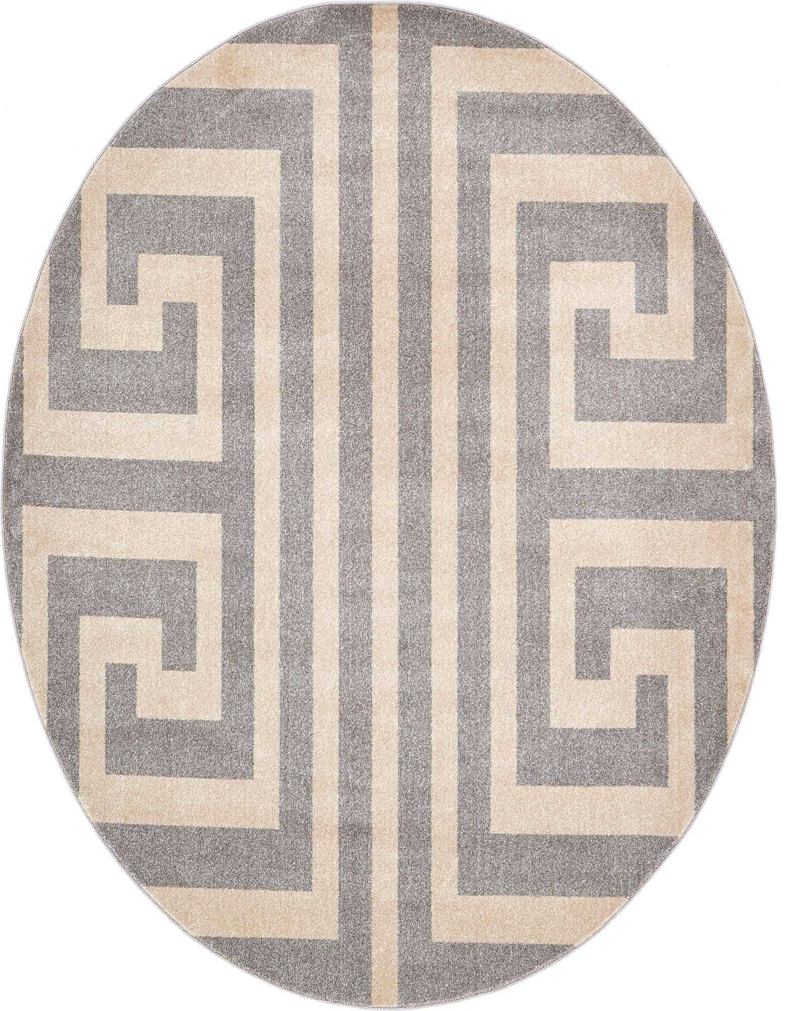 A 7' 10 round gray and beige rug with a bold, interlocking Greek key pattern, suitable for an indoor living space.