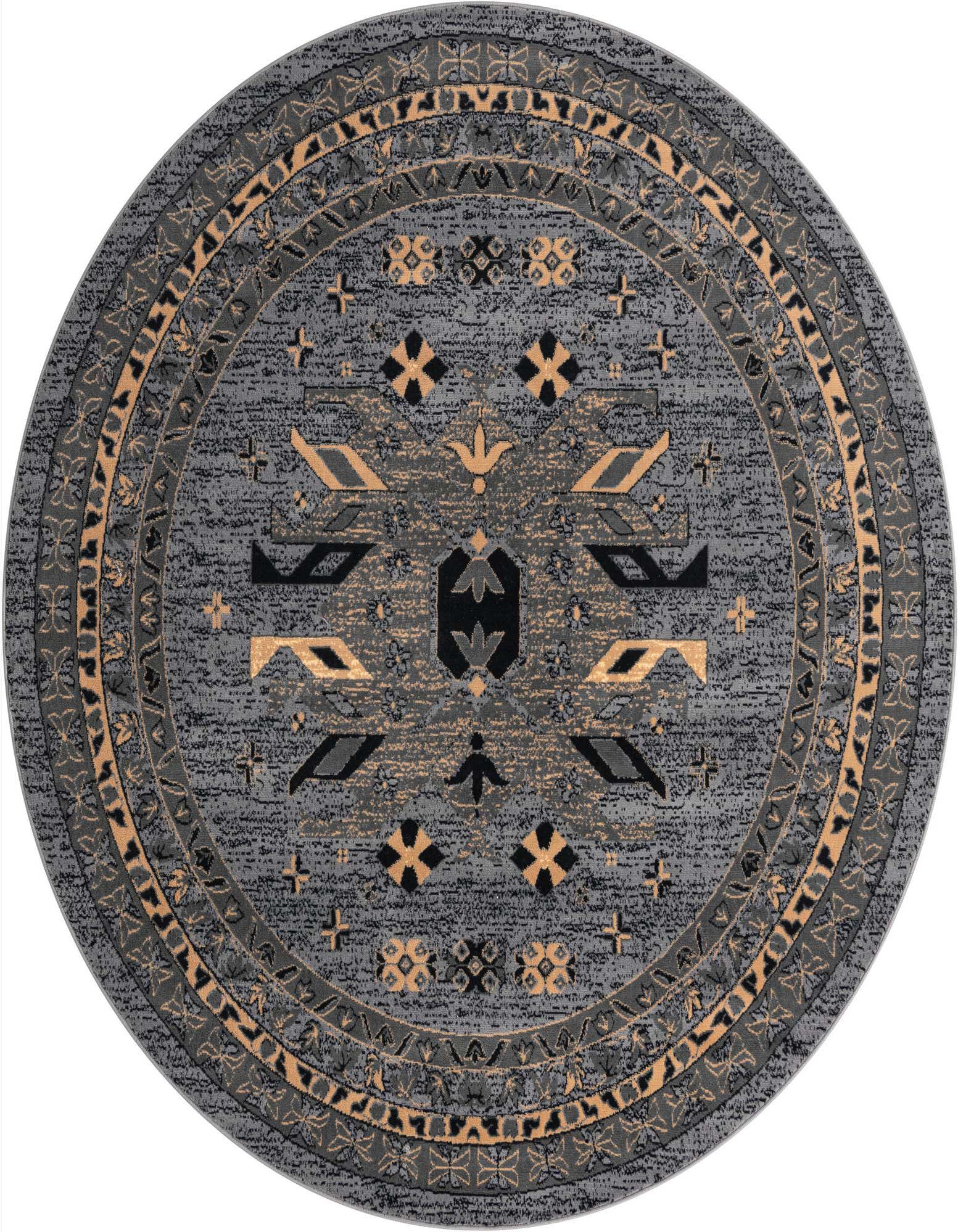 A 7' 10 round gray rug with a traditional Southwestern medallion pattern in black, charcoal, and gold tones.