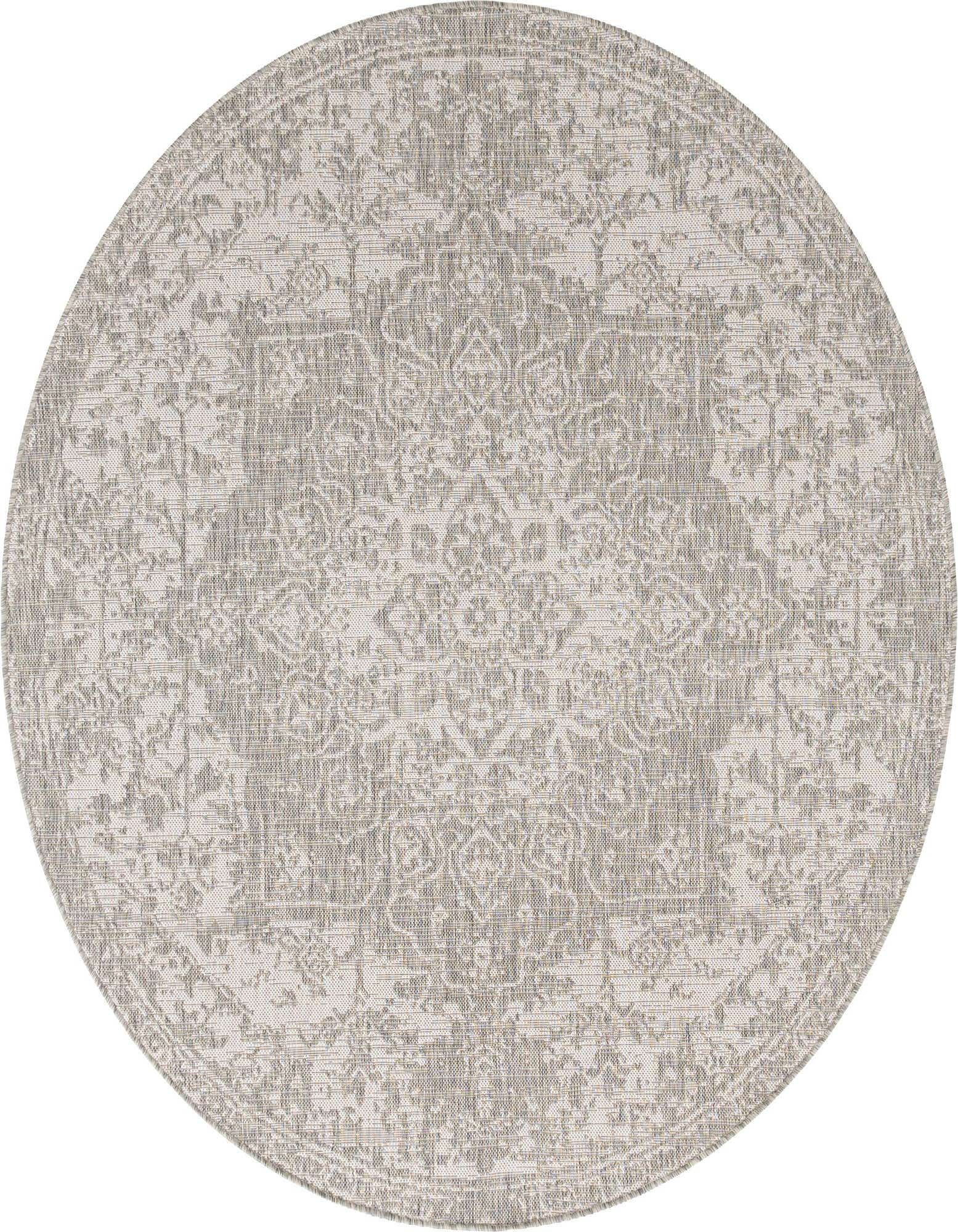A 6' 7 round gray and silver Mediterranean style rug with a central medallion pattern, suitable for indoor or outdoor use.