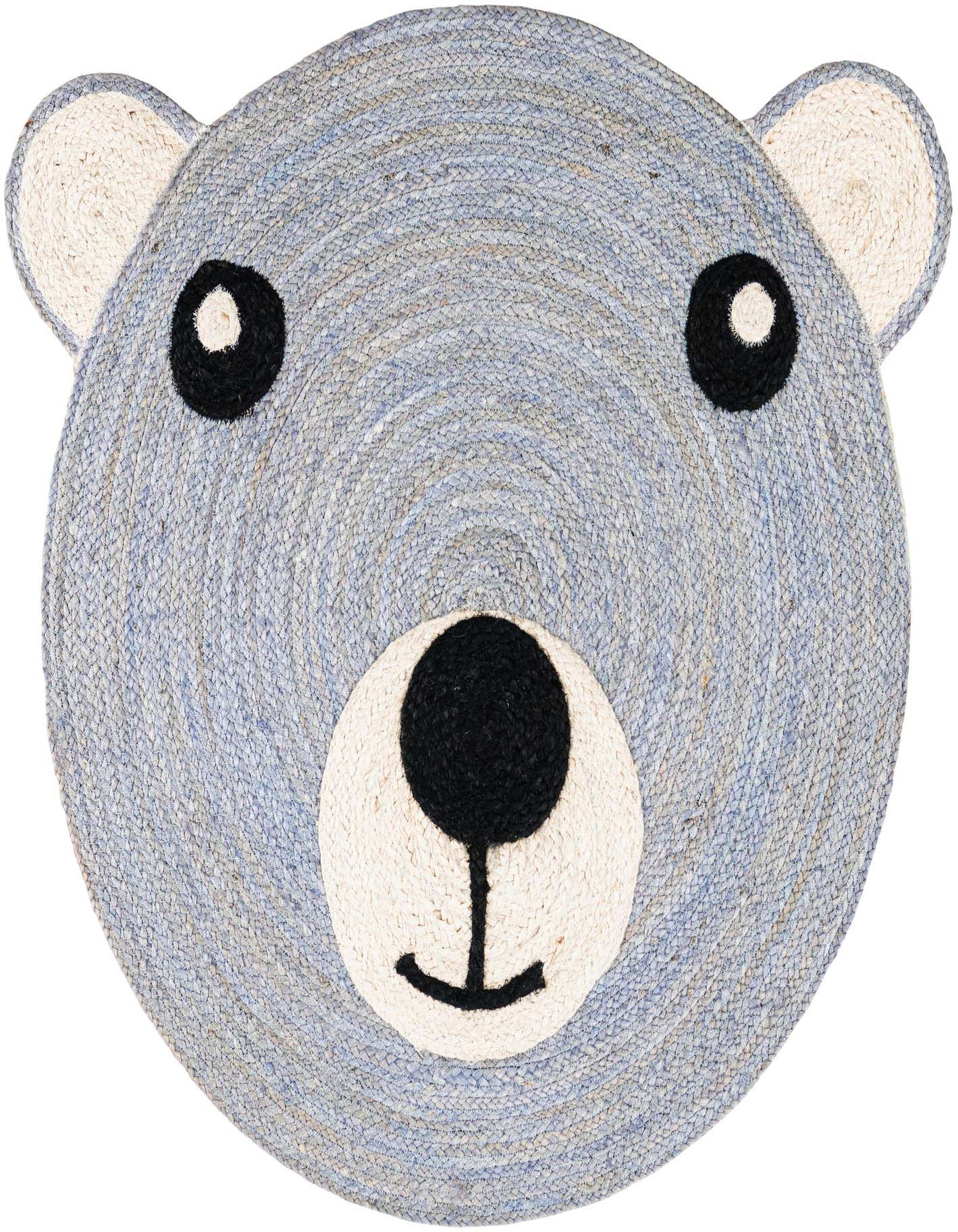 A round, gray braided jute rug shaped like a friendly bear's face with white ears and snout, and black eyes and nose.