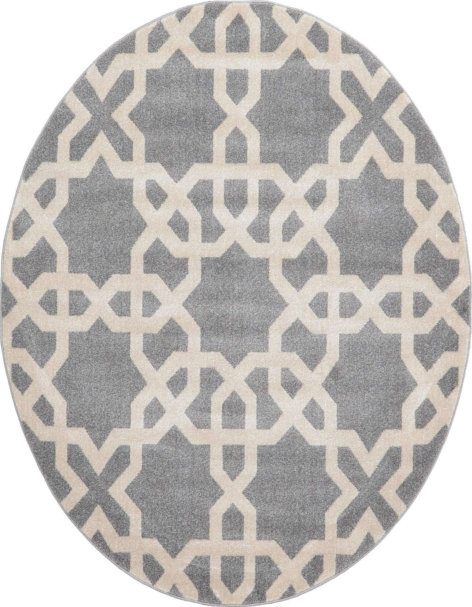 A 6' round gray area rug with a cream-colored modern trellis pattern, suitable for various indoor rooms.