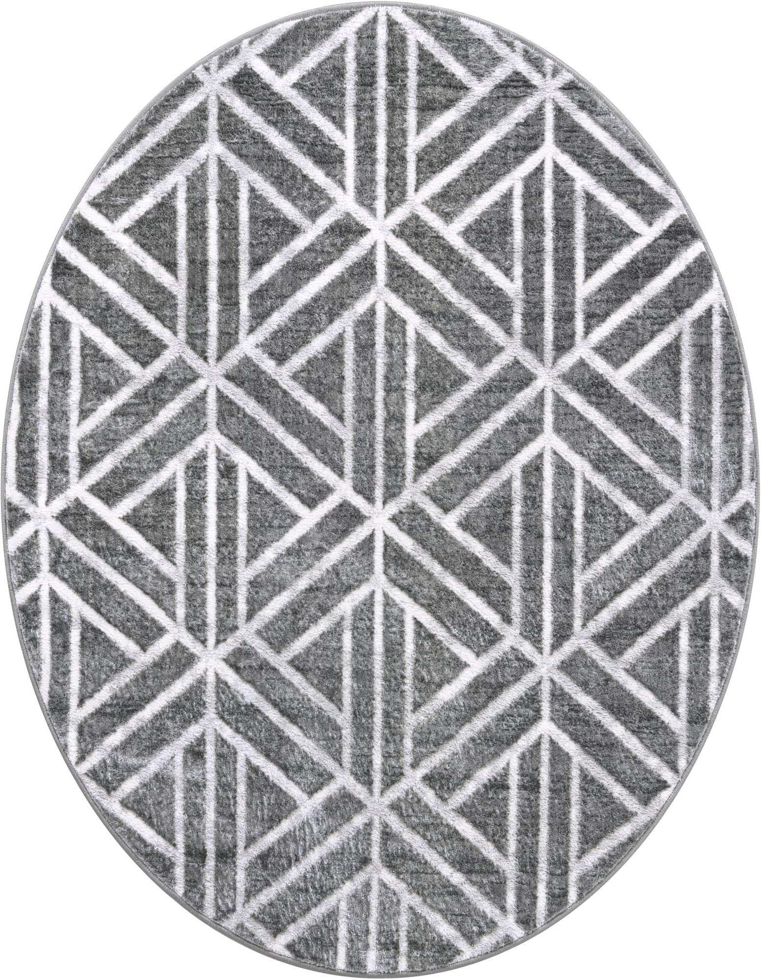 A 5' round gray rug with a white geometric trellis pattern, featuring a textured pile.