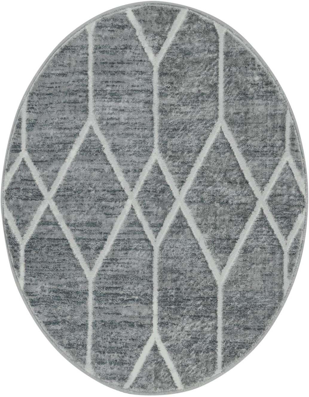 A 3' 3 x 3' 3 round gray rug featuring a modern white trellis pattern, suitable for various indoor spaces.