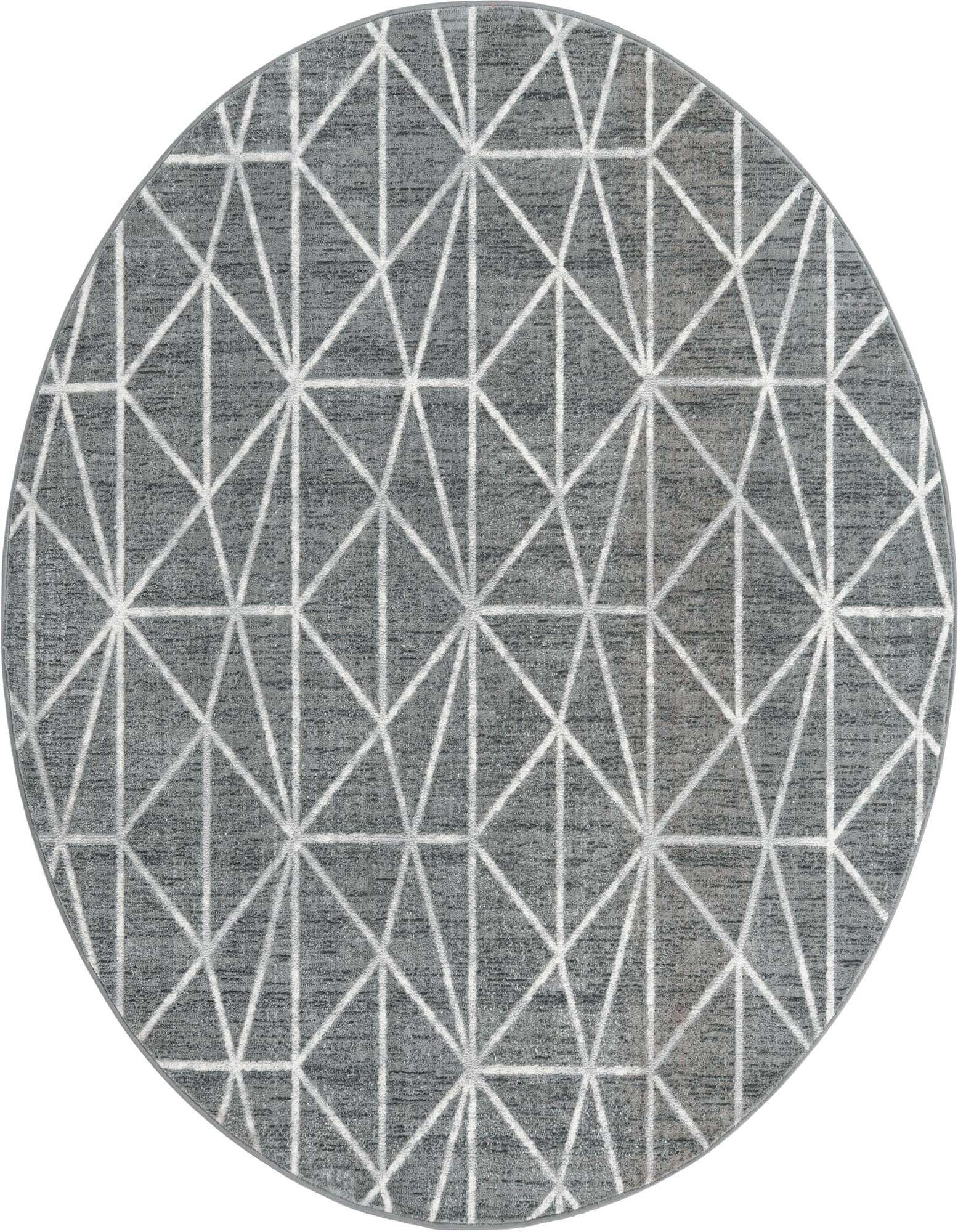 A 7' 0 x 7' 0 round gray area rug with a modern white trellis pattern, featuring a textured pile.