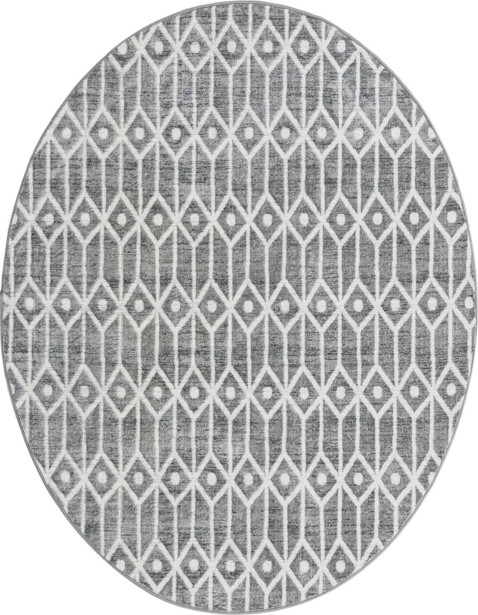 A 7' round gray and white rug with a repeating geometric trellis pattern, featuring textured pile.