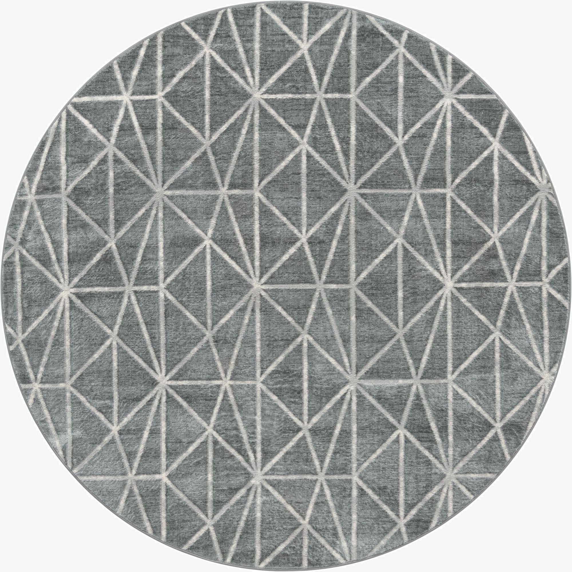 A round 8' 0 x 8' 0 gray rug with a modern white geometric trellis pattern, ideal for a living room.