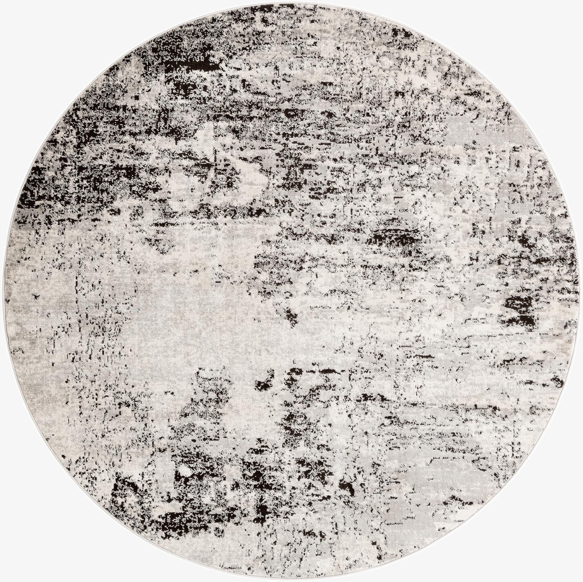 A round 7' gray and silver abstract rug with a textured, distressed pattern, suitable for modern indoor spaces.