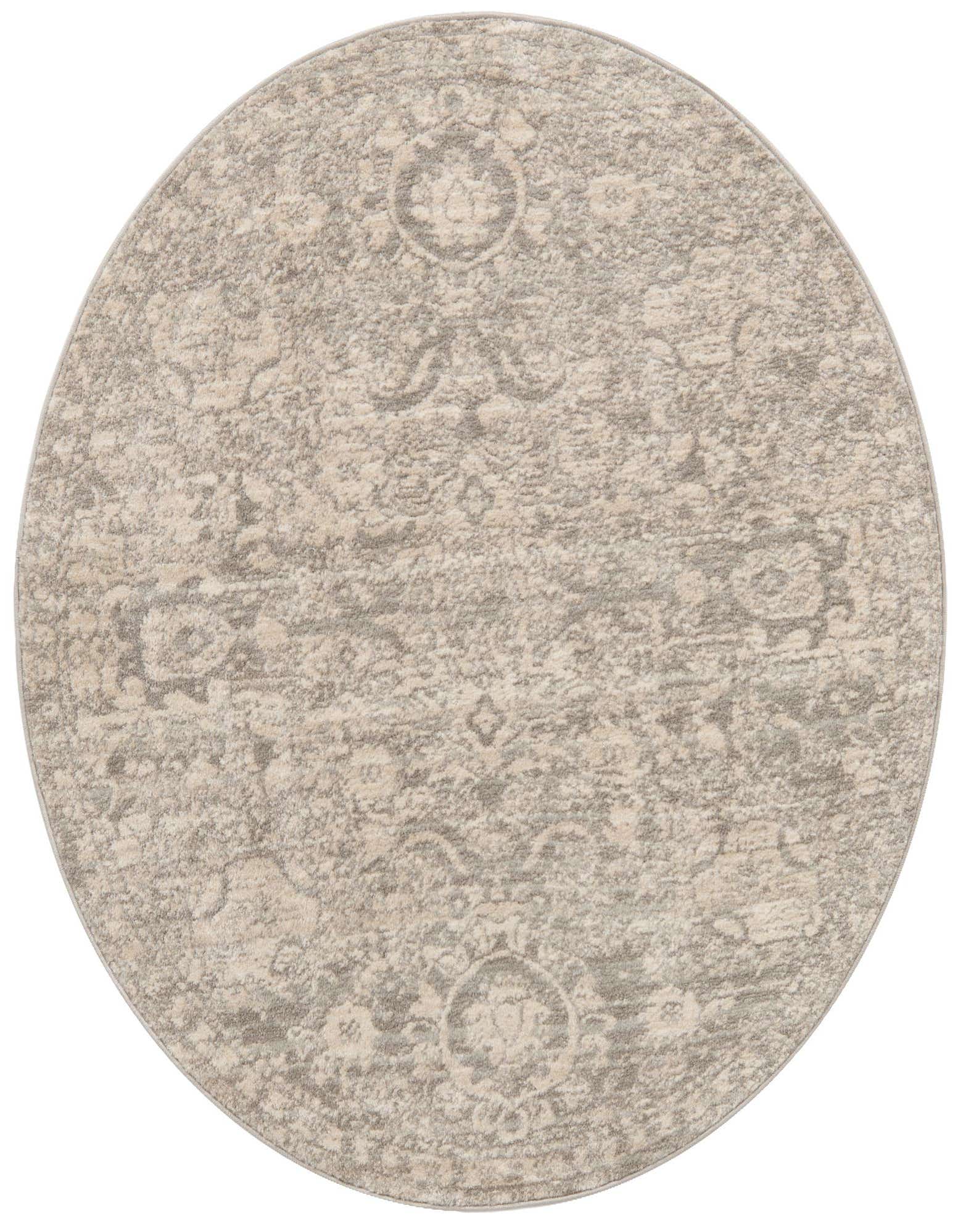 A 4' 0 x 4' 0 round gray rug with a distressed traditional medallion pattern, suitable for indoor use.