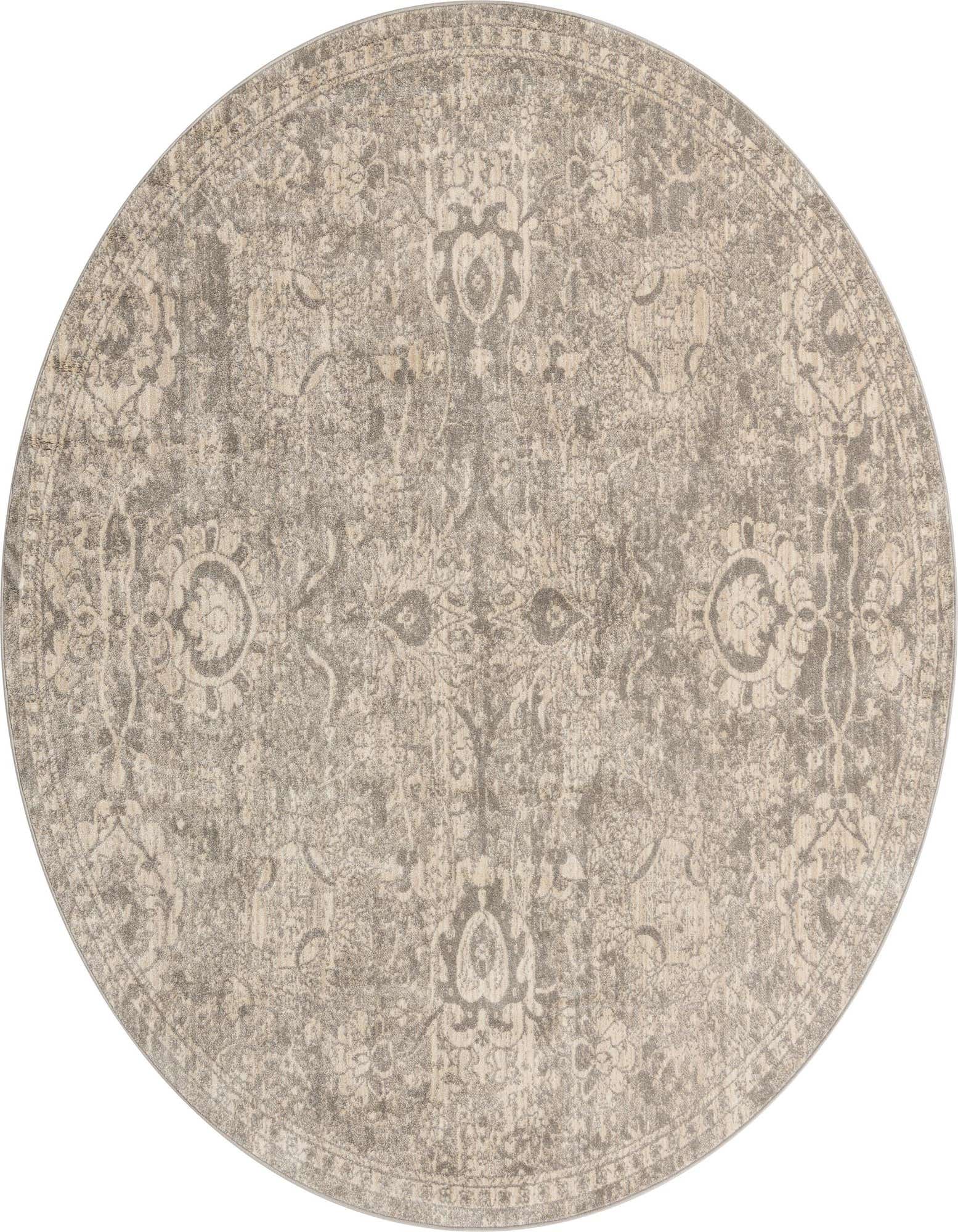 A 7' 10 round gray traditional rug with a distressed vintage floral and oriental pattern.
