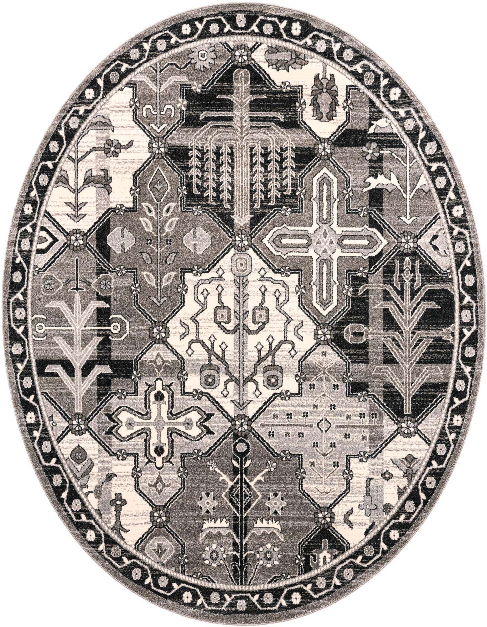 A 7' 10" round gray Bohemian rug featuring a complex, eclectic pattern of botanical and geometric motifs with a decorative border.