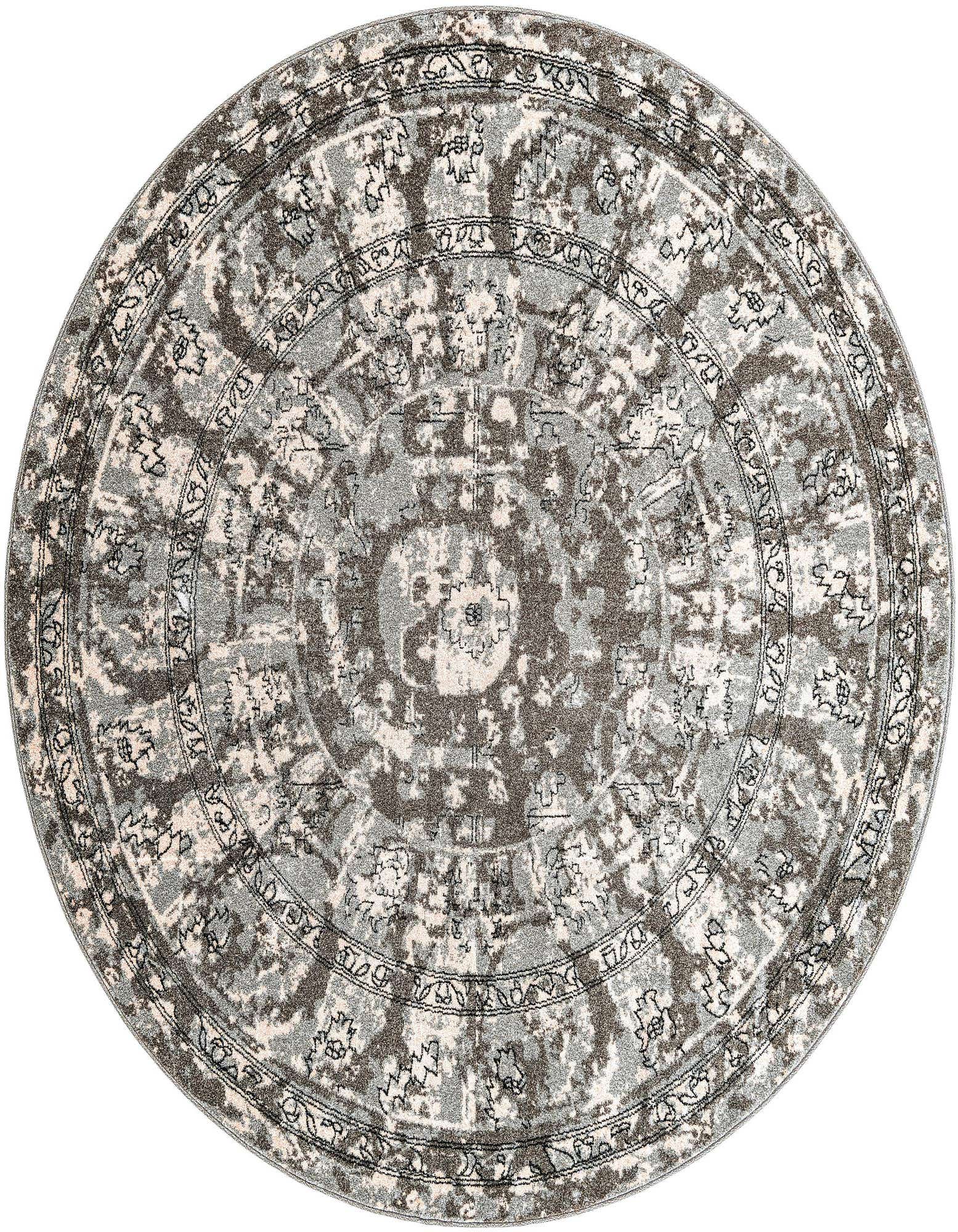 A 7' 10 round gray and silver eclectic medallion rug, featuring a distressed traditional botanical pattern.