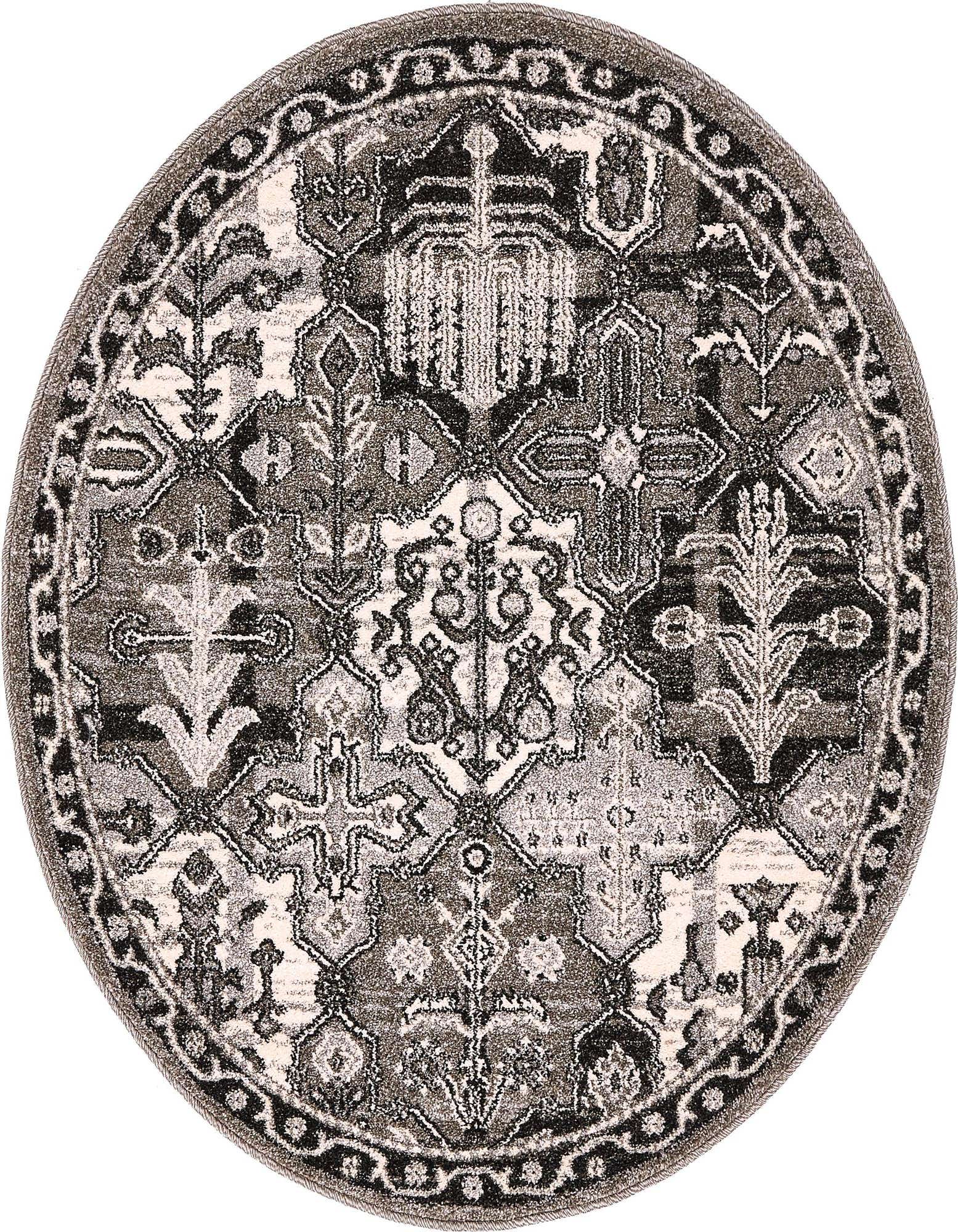 A 3' round gray and silver bohemian rug with a detailed botanical and trellis pattern, featuring a dark border.