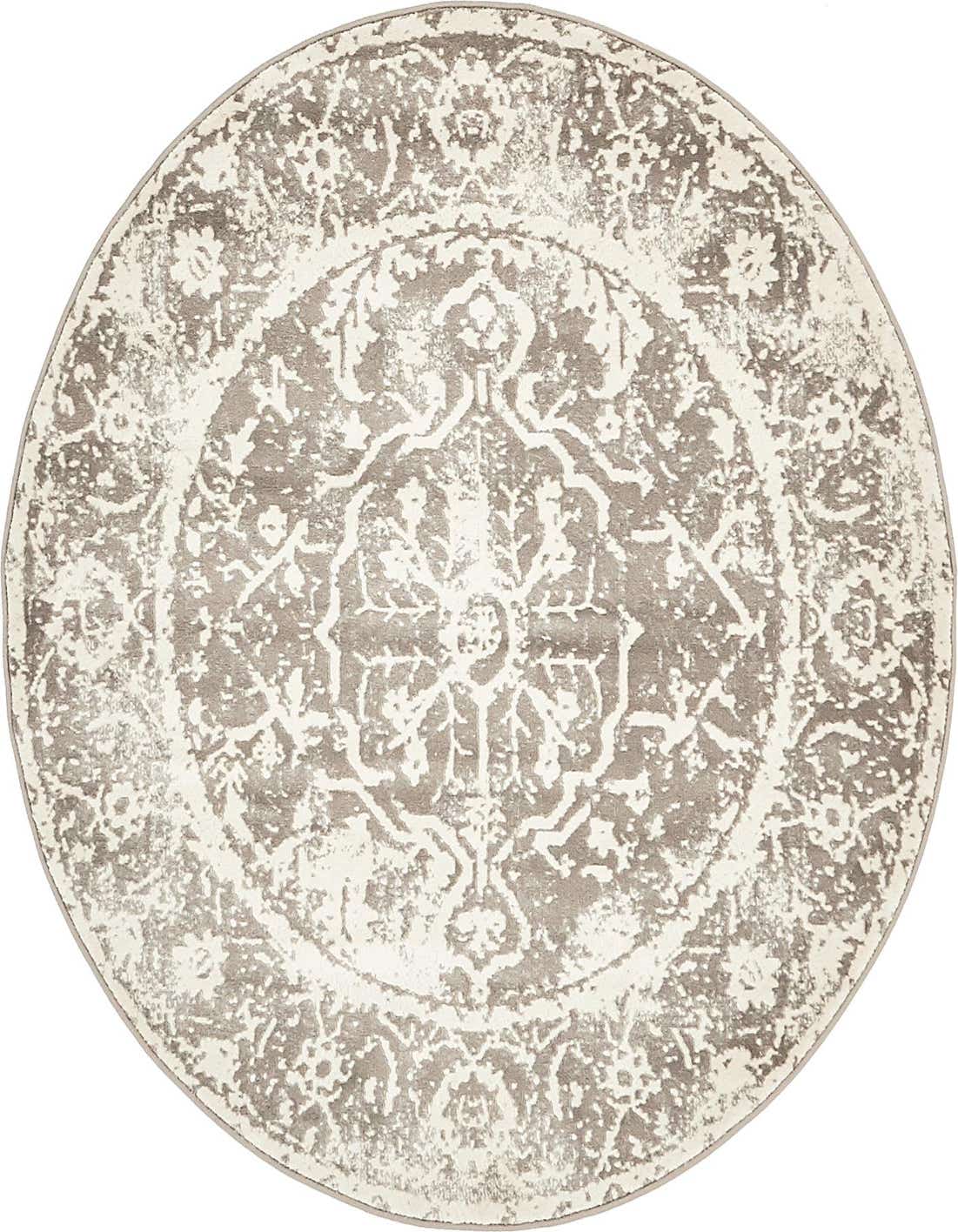 Round gray and silver rug with a distressed traditional medallion pattern, ideal for a living room or bedroom.
