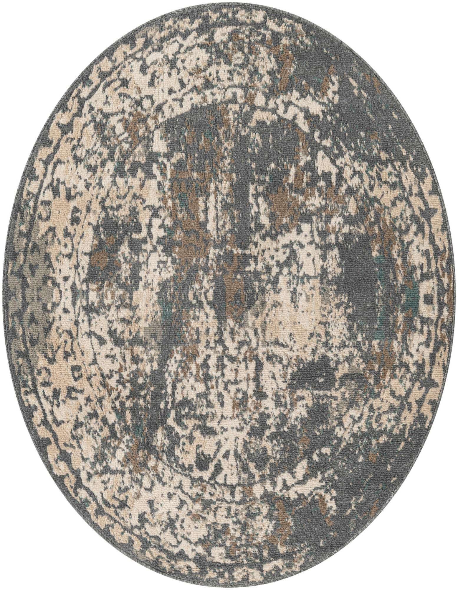 A 5' 3 round gray area rug with an abstract, distressed pattern in shades of gray, silver, beige, and subtle brown.