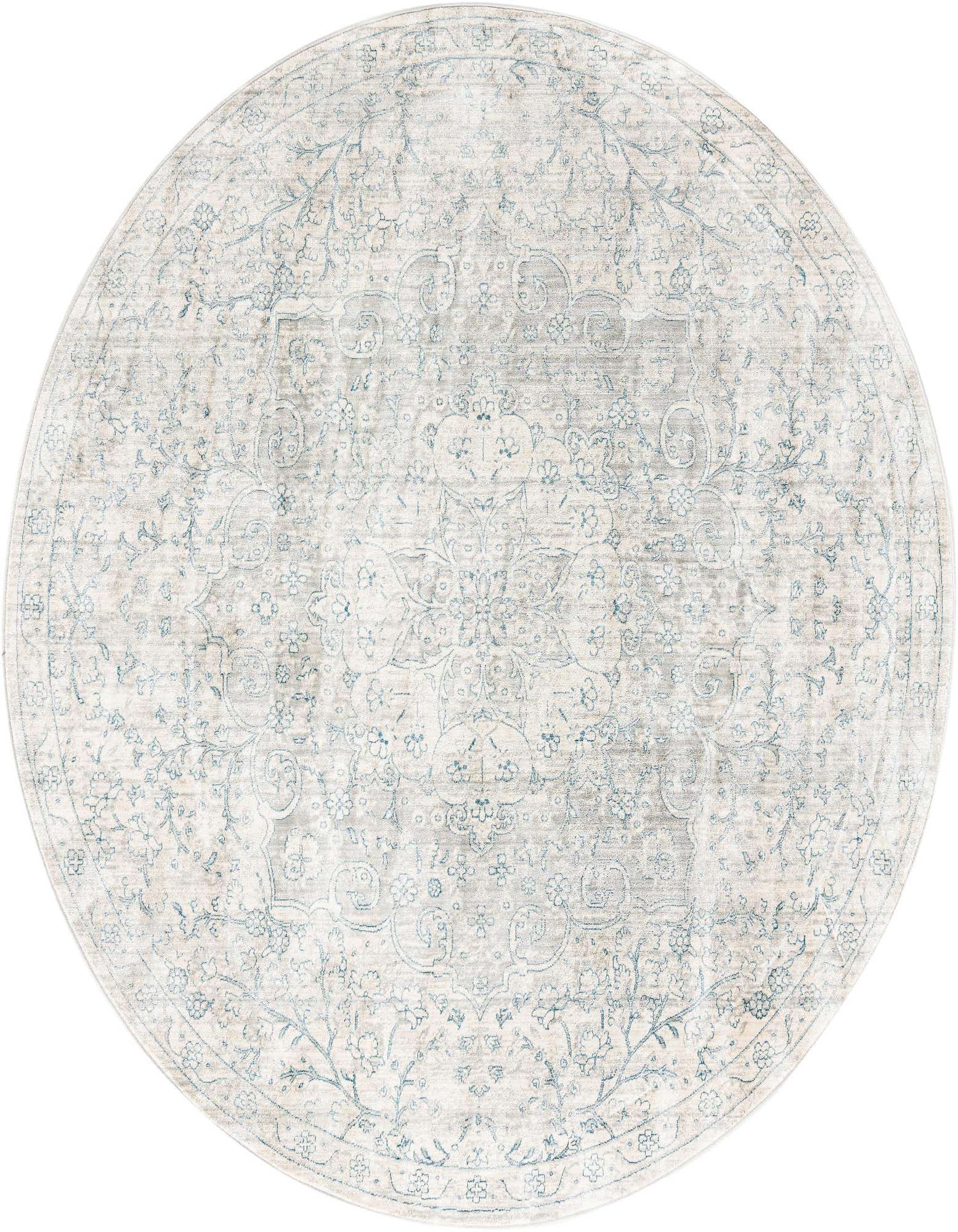 A 7' round gray and silver traditional rug with a distressed medallion and floral pattern.
