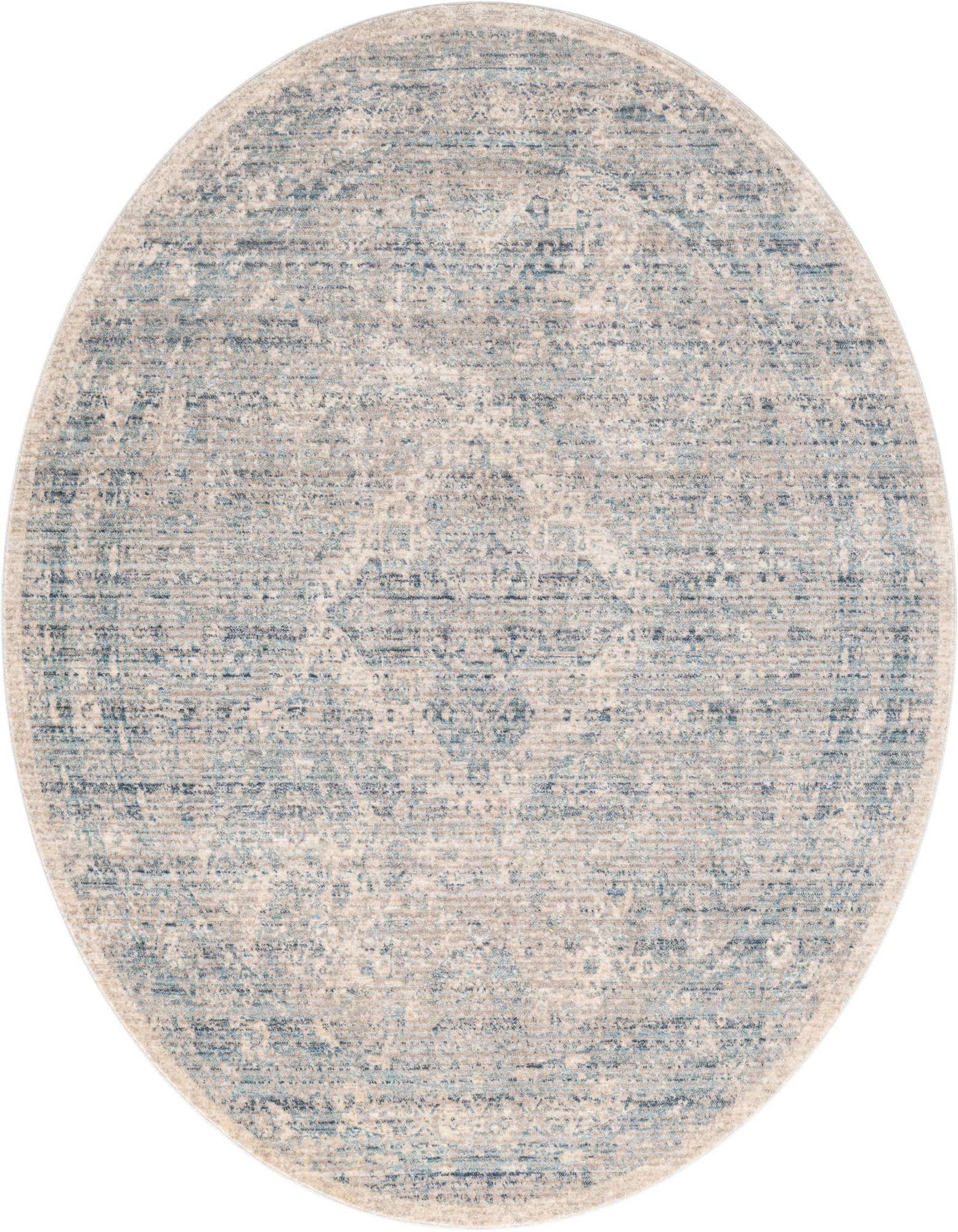 A 5' 0 x 5' 0 round gray and silver traditional rug with a distressed medallion pattern, suitable for indoor spaces.