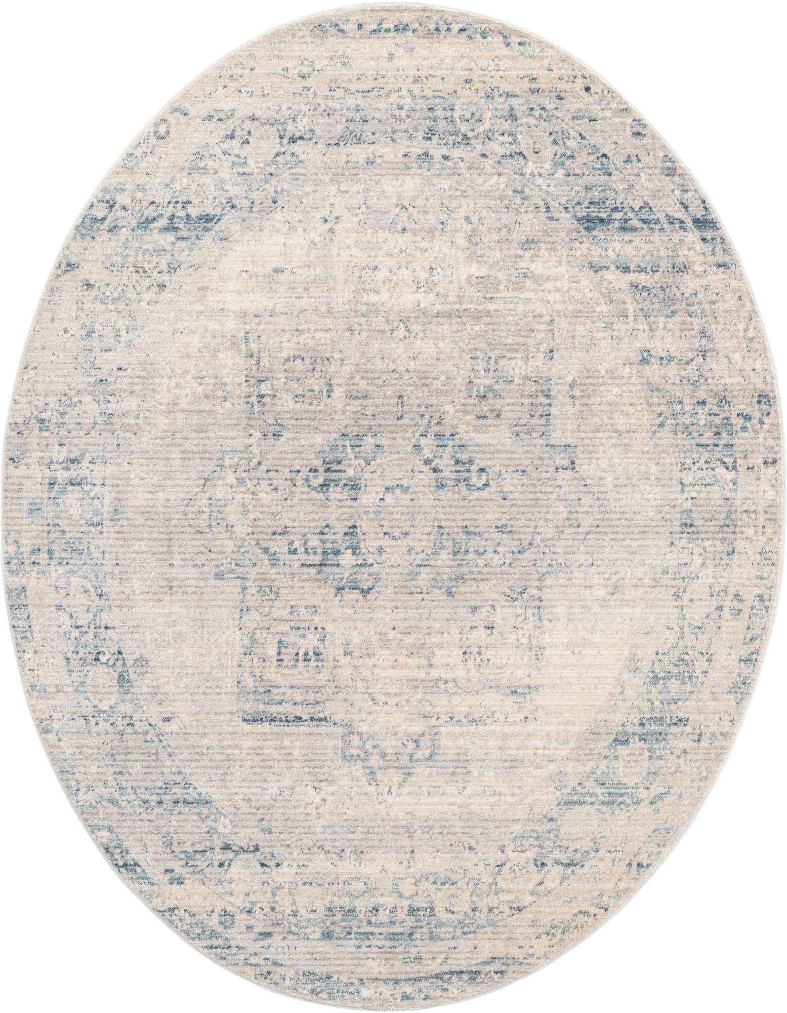 A 5' 0 round gray and silver traditional medallion rug with a faded, vintage look, suitable for indoor spaces.
