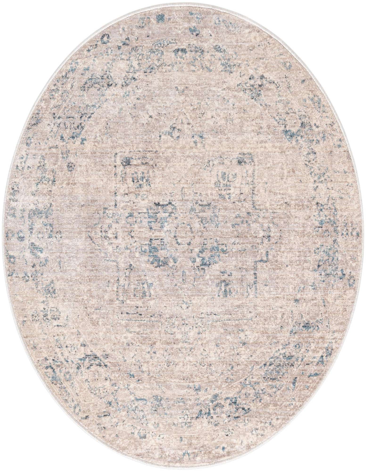 A 3' 10 x 3' 10 round gray area rug with a faded traditional medallion pattern in blue and silver tones.