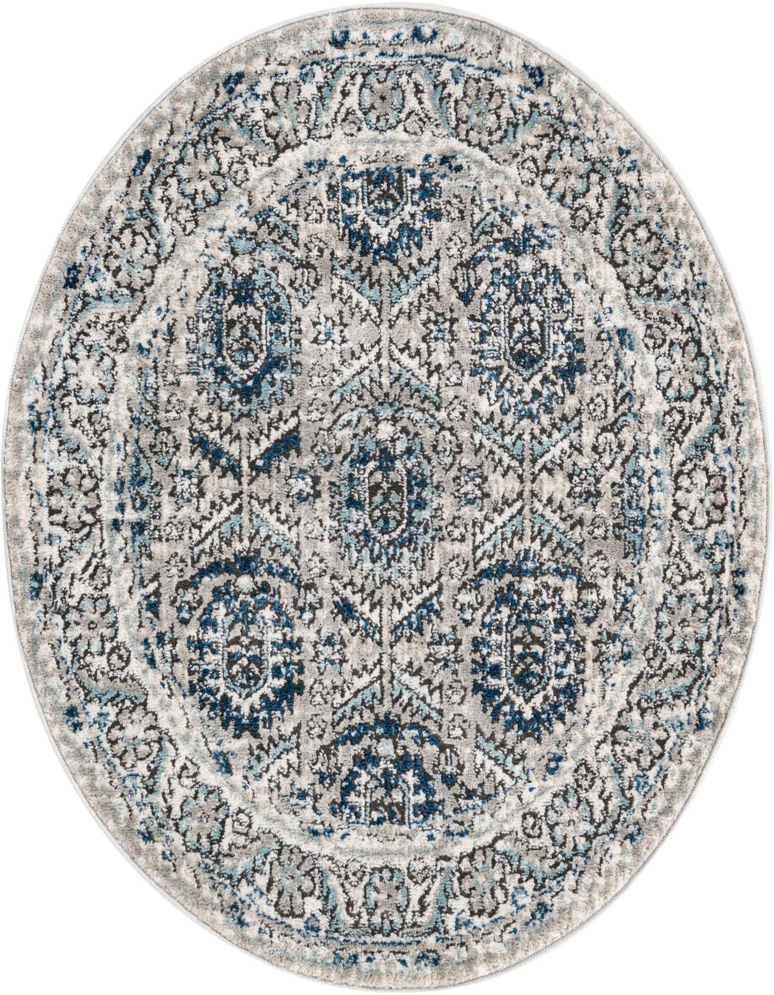 A 3' 3 x 3' 3 round Nyla rug featuring a gray and blue traditional medallion pattern with a vintage look.
