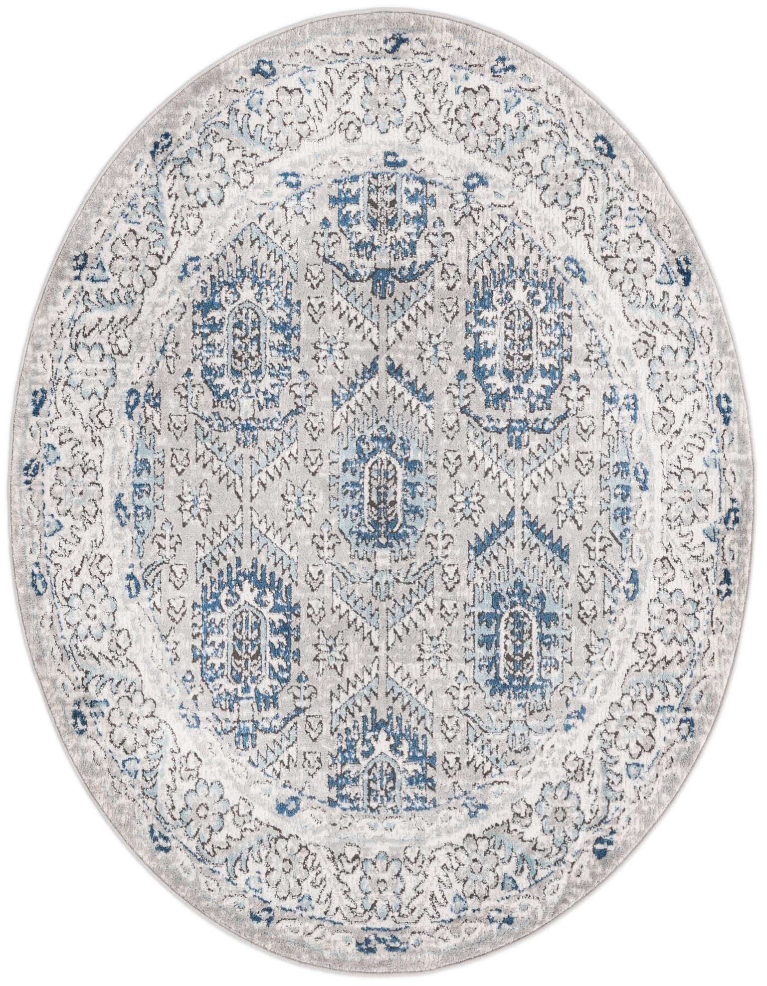 A 5'3" round Nyla rug featuring a distressed traditional medallion pattern in shades of gray and blue.